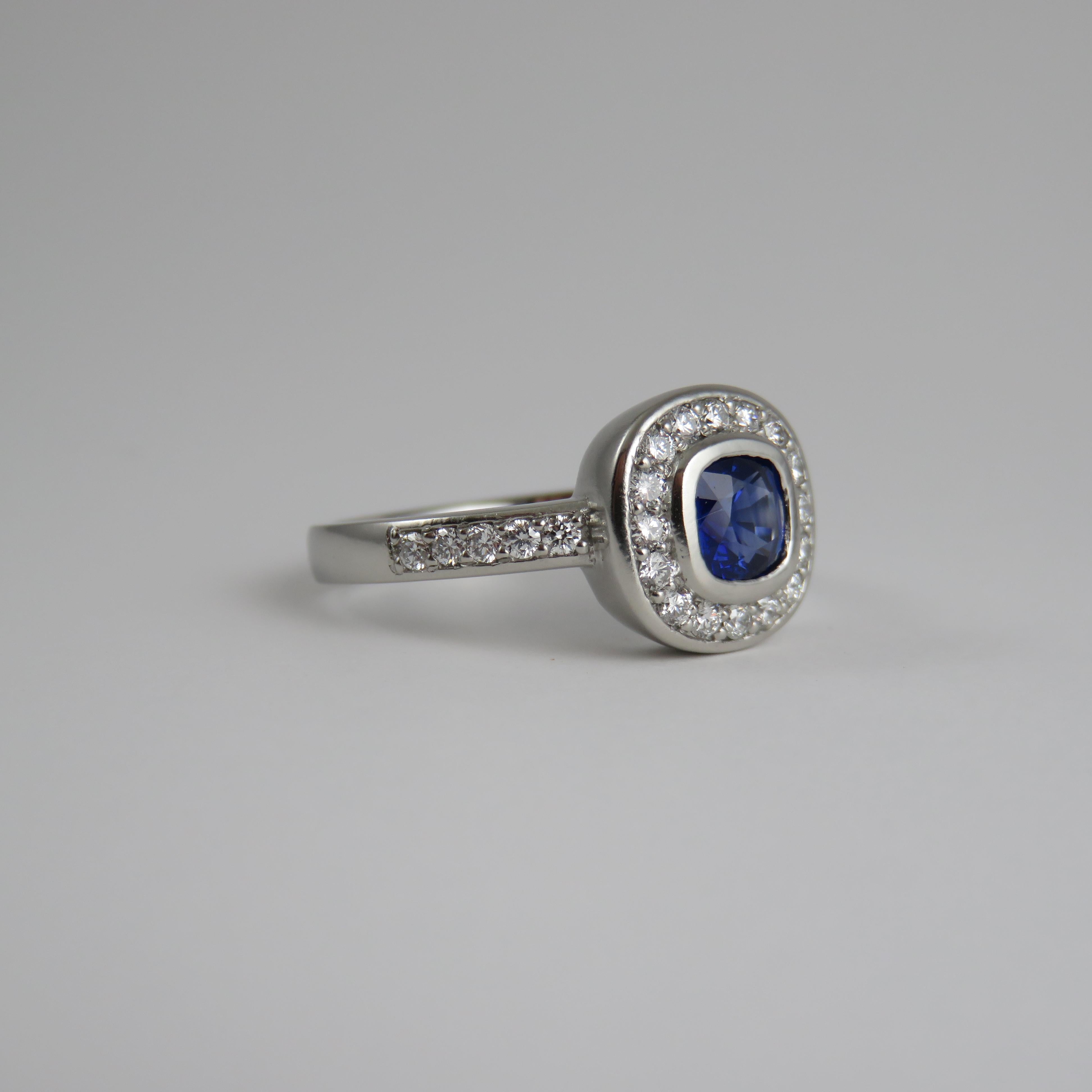 Women's Cushion Cut Blue Sapphire and Diamond Platinum Engagement Ring For Sale