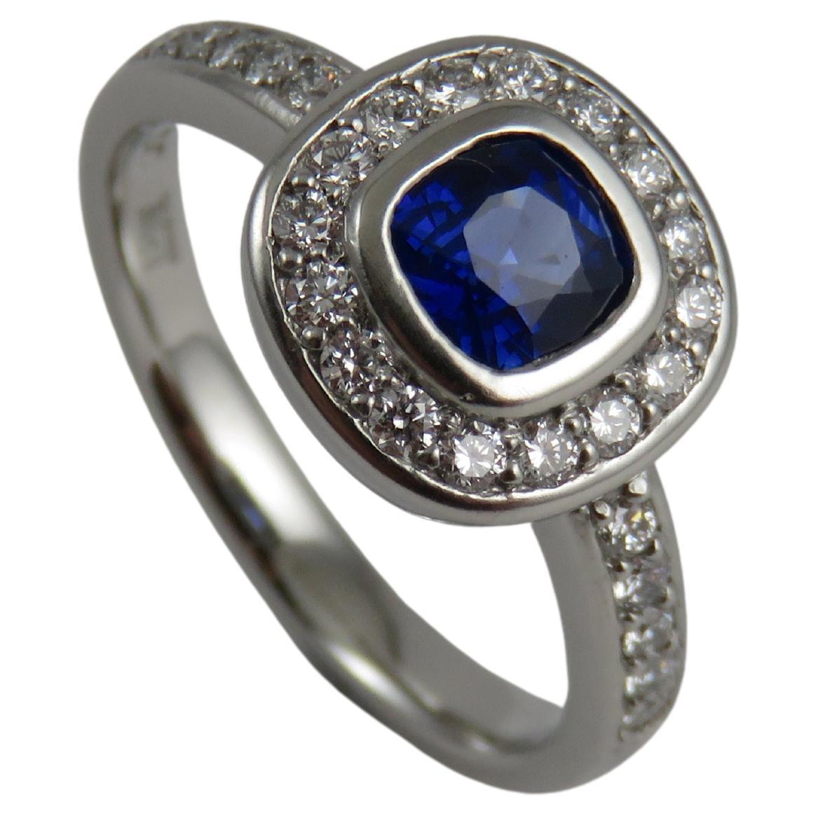 Cushion Cut Blue Sapphire and Diamond Platinum Engagement Ring For Sale