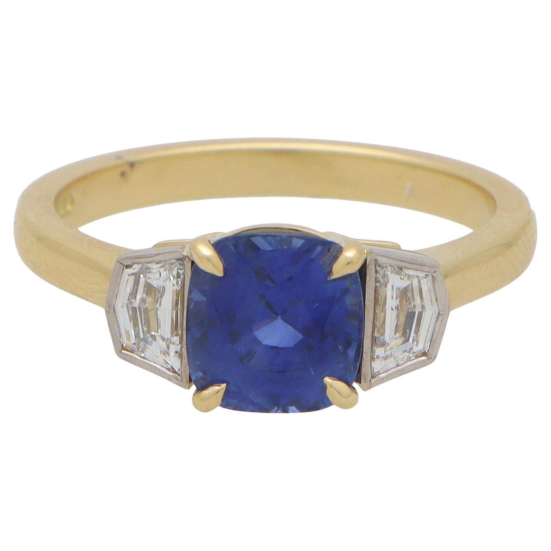 Cushion Cut Blue Sapphire and Half-Moon Diamond Three Stone Ring