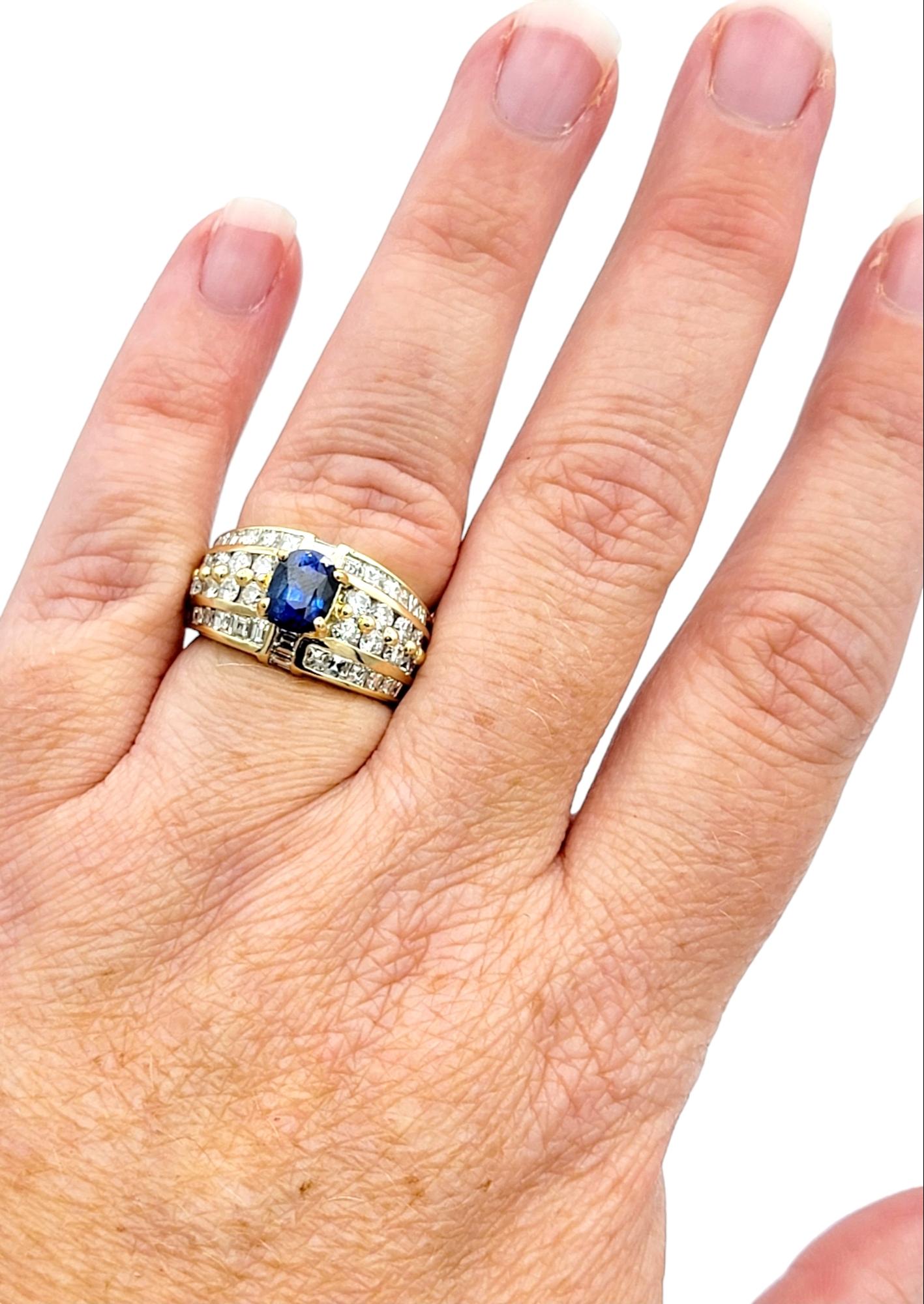 Cushion Cut Blue Sapphire and Multi-Row Diamond Band Ring 18 Karat Yellow Gold For Sale 6