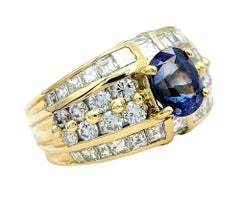 Cushion Cut Blue Sapphire and Multi-Row Diamond Band Ring 18 Karat Yellow Gold