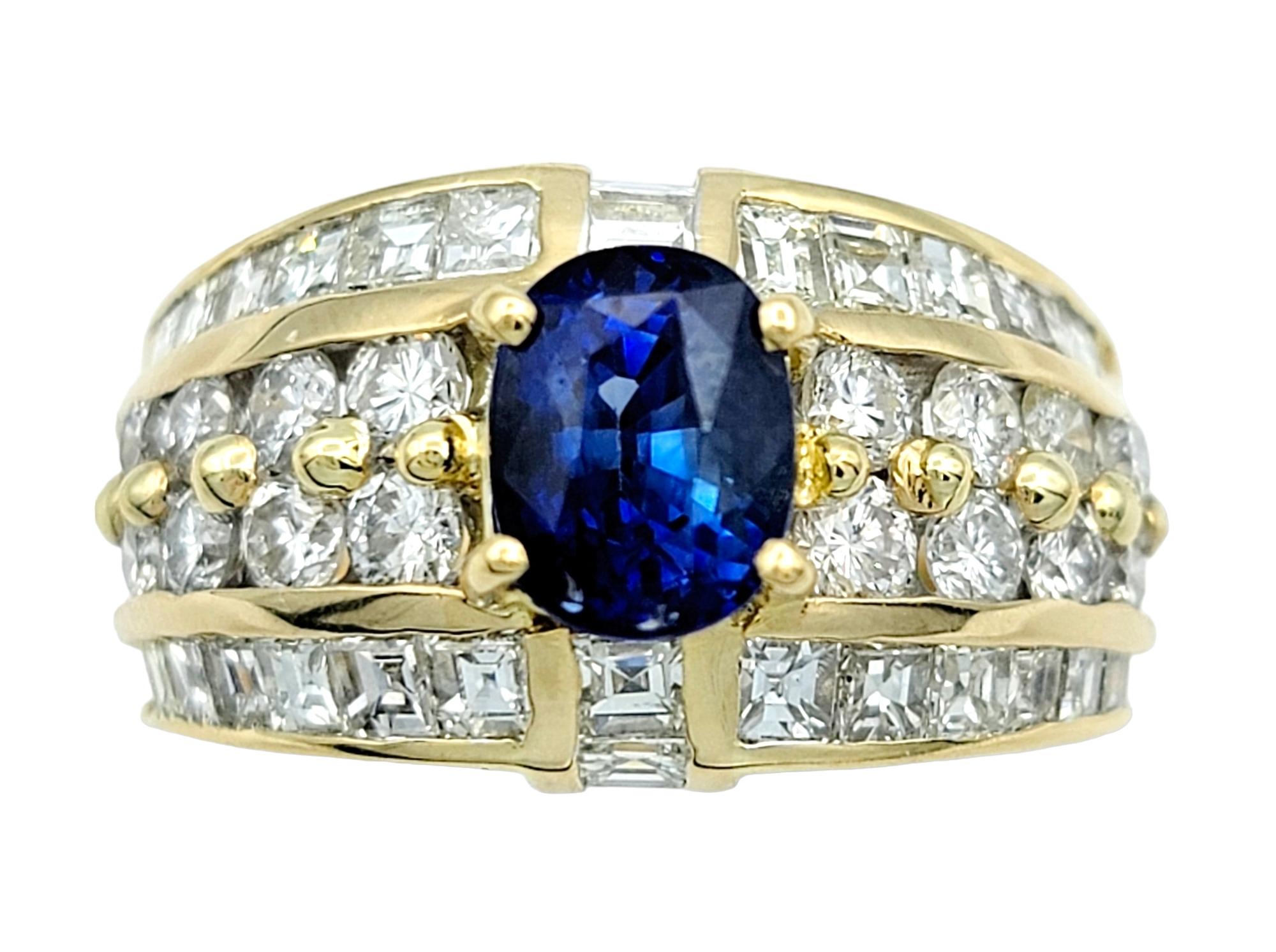 Contemporary Cushion Cut Blue Sapphire and Multi-Row Diamond Band Ring 18 Karat Yellow Gold For Sale