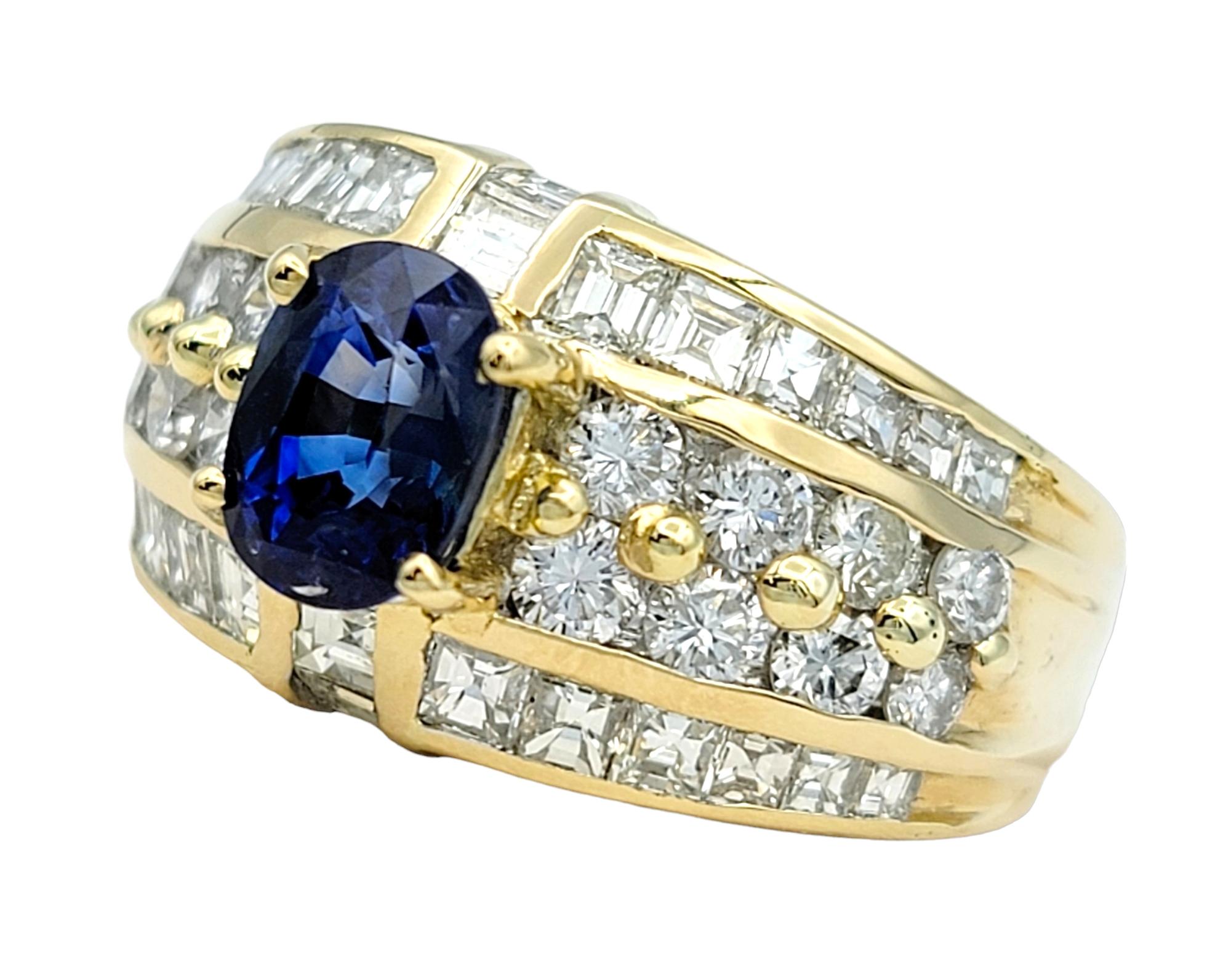 Cushion Cut Blue Sapphire and Multi-Row Diamond Band Ring 18 Karat Yellow Gold In Good Condition For Sale In Scottsdale, AZ
