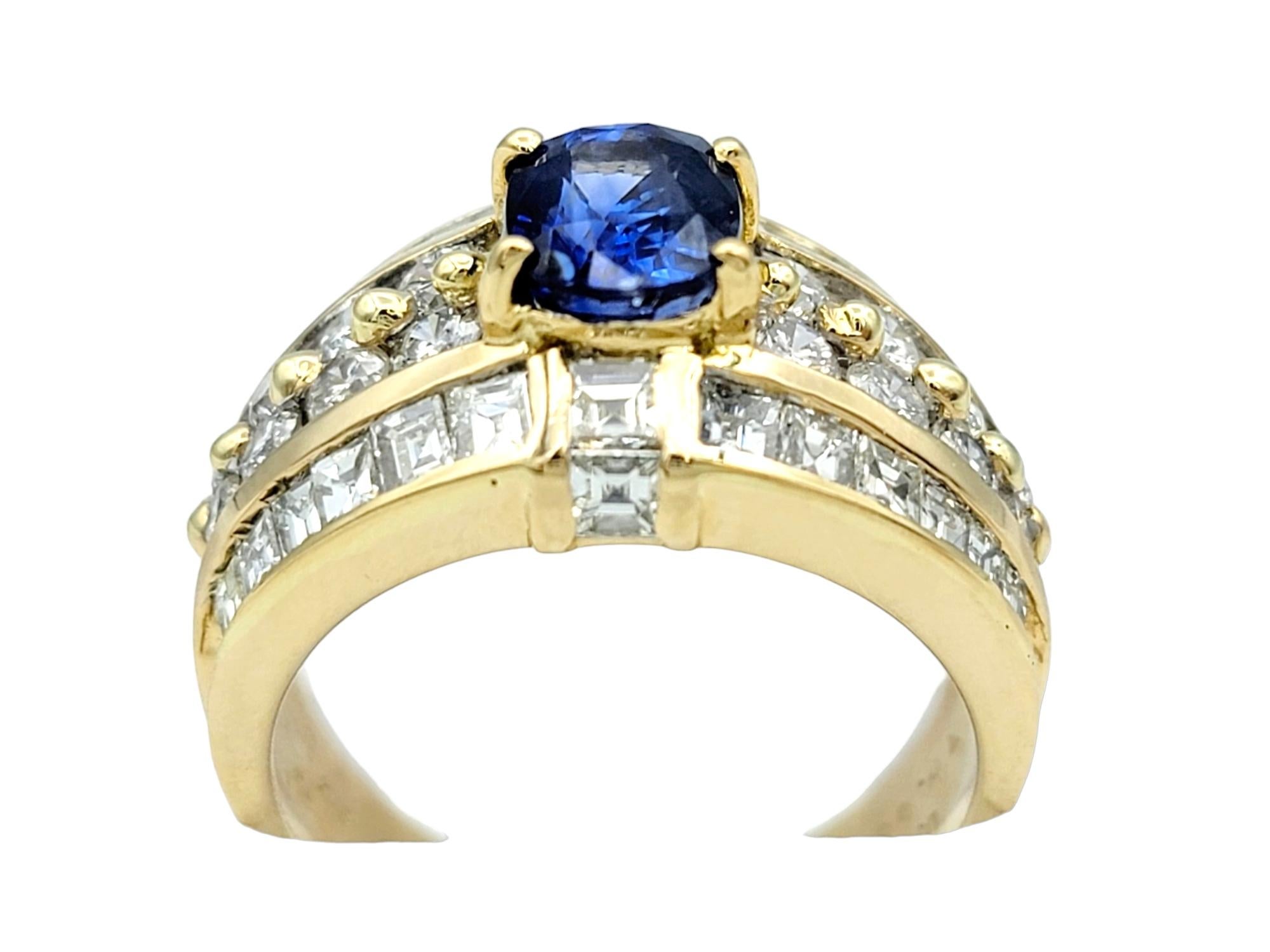 Women's Cushion Cut Blue Sapphire and Multi-Row Diamond Band Ring 18 Karat Yellow Gold For Sale
