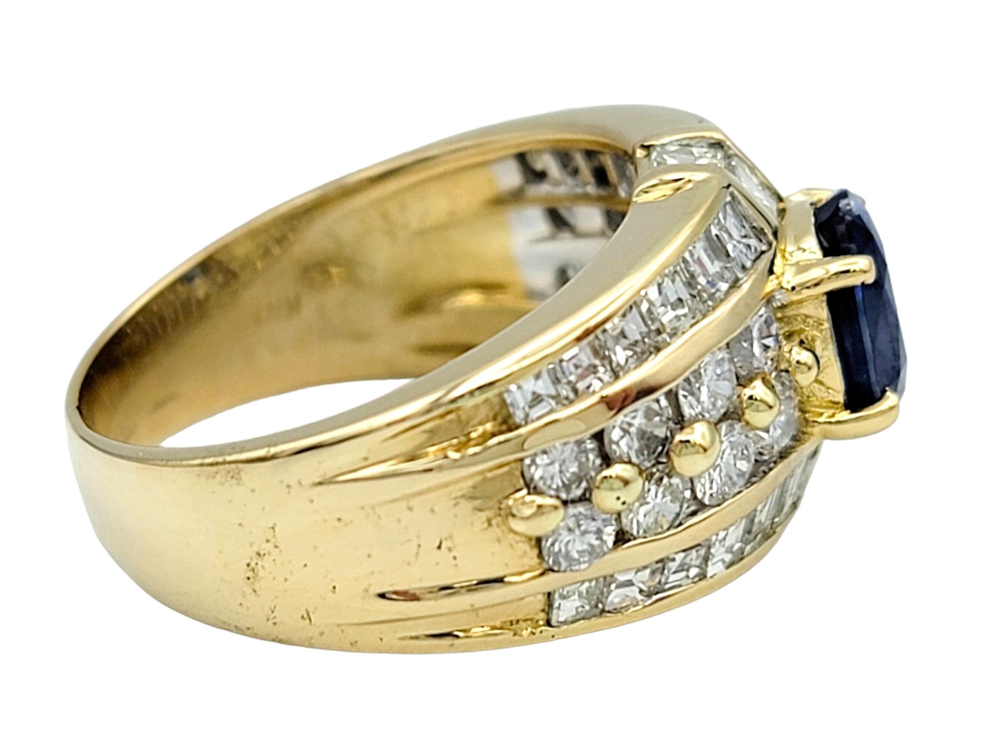 Cushion Cut Blue Sapphire and Multi-Row Diamond Band Ring 18 Karat Yellow Gold For Sale 1
