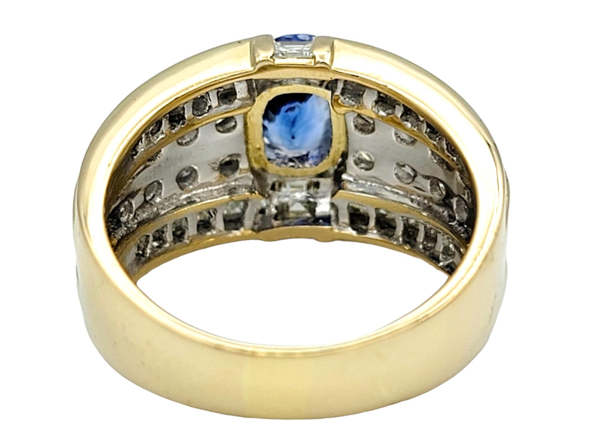 Cushion Cut Blue Sapphire and Multi-Row Diamond Band Ring 18 Karat Yellow Gold For Sale 2