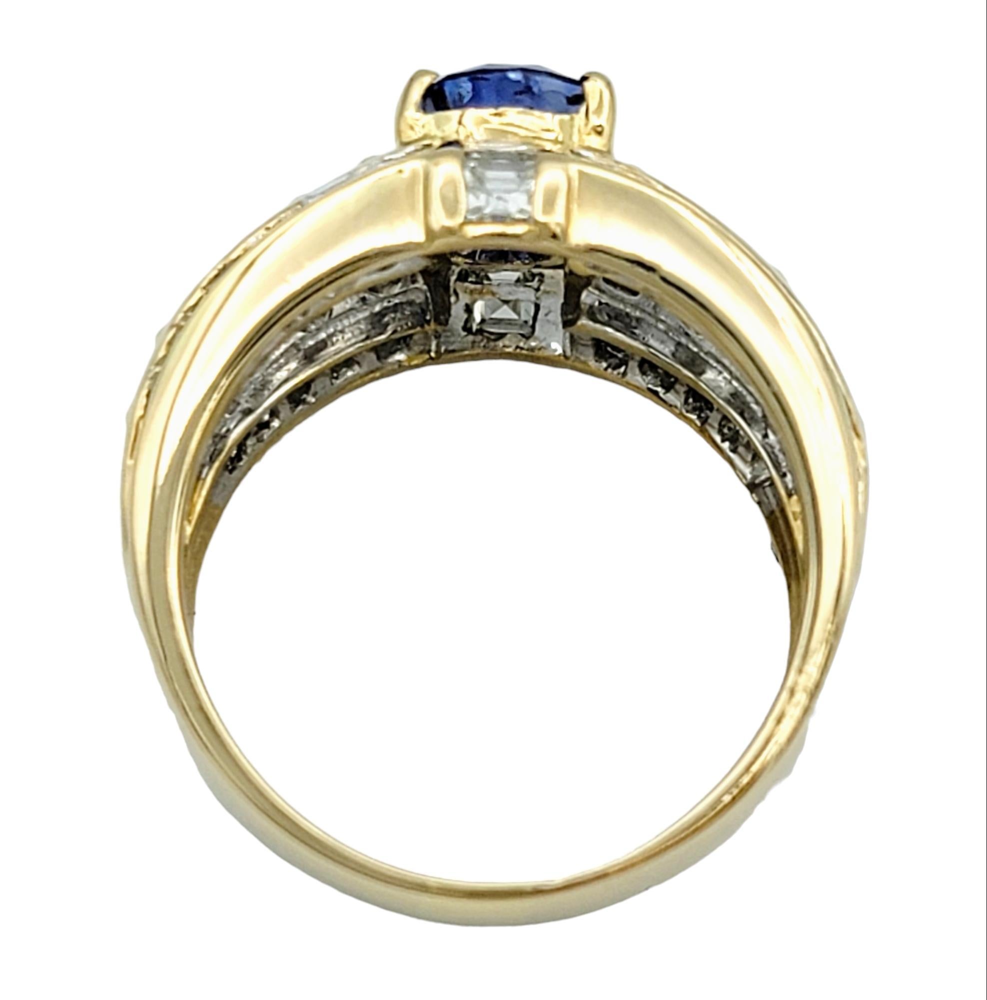 Cushion Cut Blue Sapphire and Multi-Row Diamond Band Ring 18 Karat Yellow Gold For Sale 3