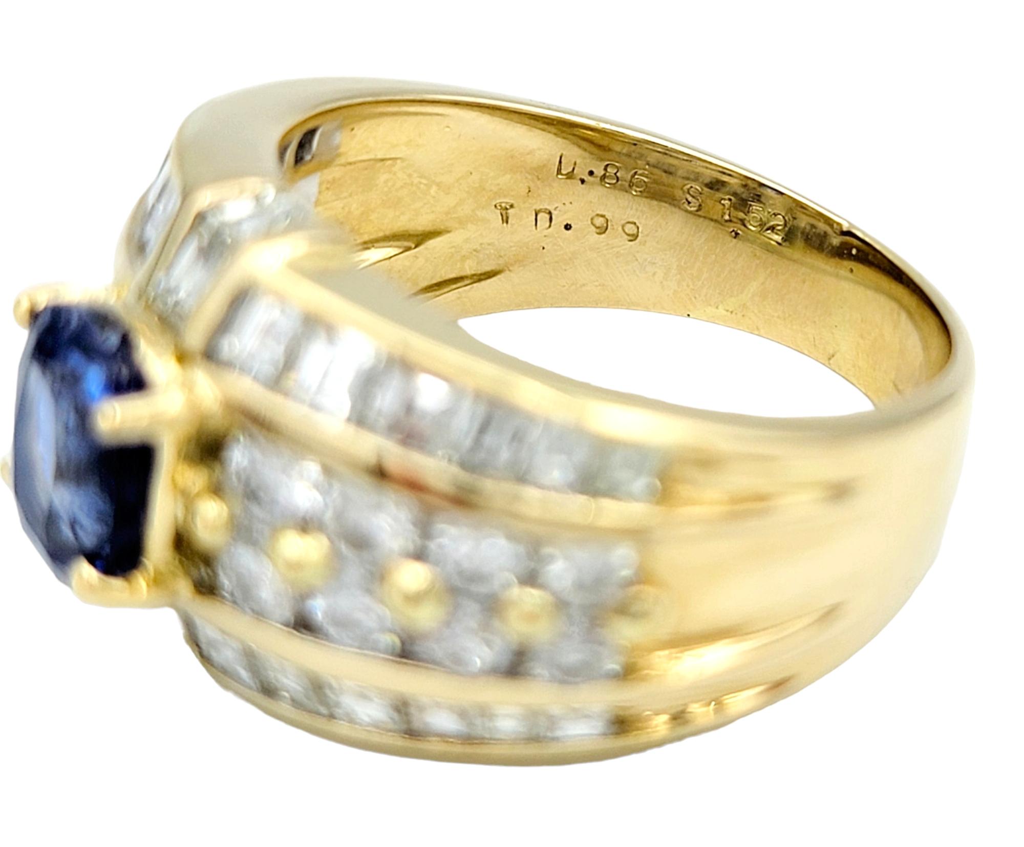 Cushion Cut Blue Sapphire and Multi-Row Diamond Band Ring 18 Karat Yellow Gold For Sale 4