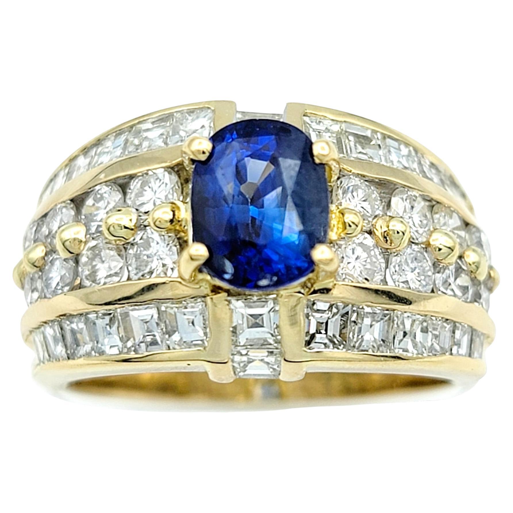 Cushion Cut Blue Sapphire and Multi-Row Diamond Band Ring 18 Karat Yellow Gold For Sale