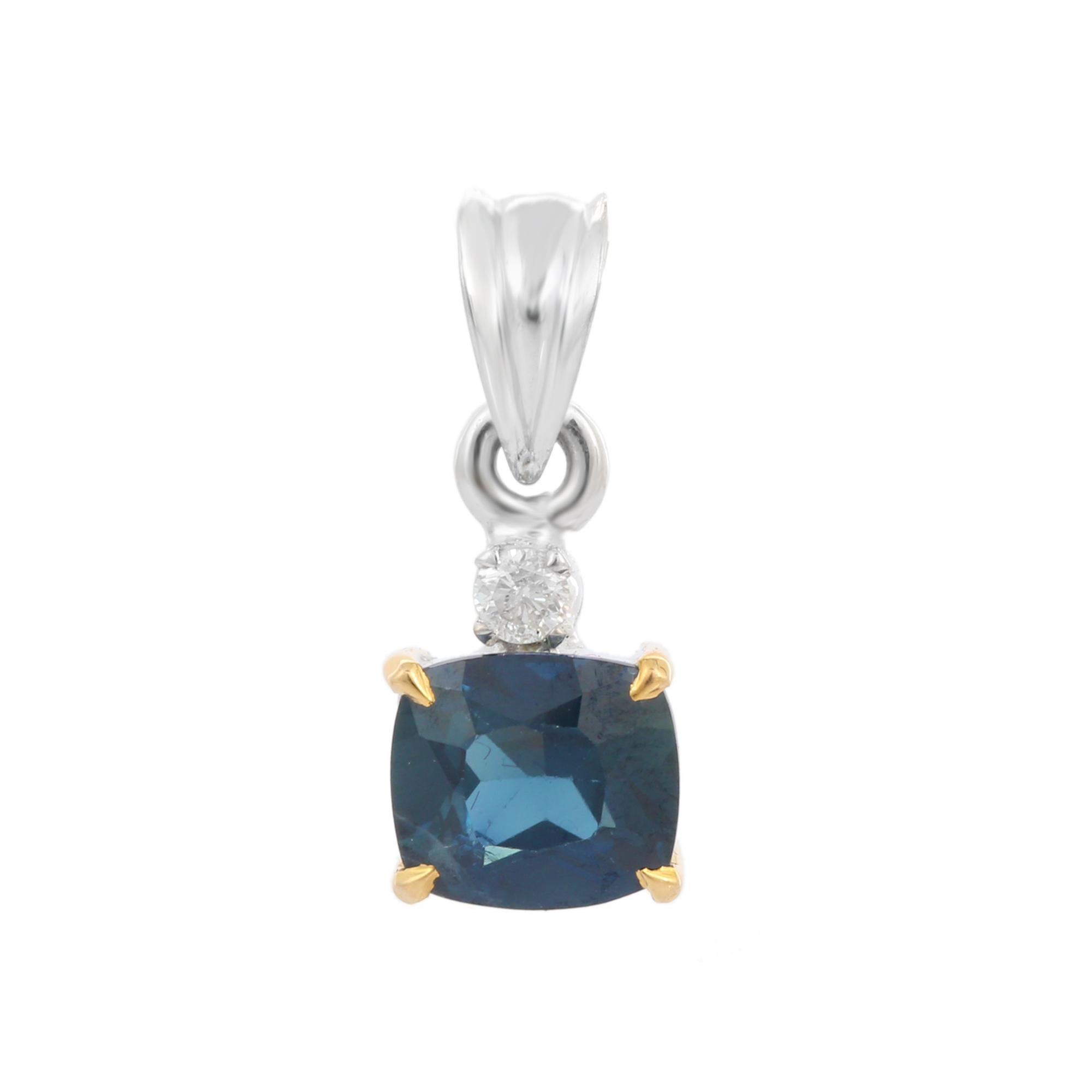 Modern Cushion Cut Blue Sapphire Solitaire Pendant with Diamond in 18K White Gold For Sale