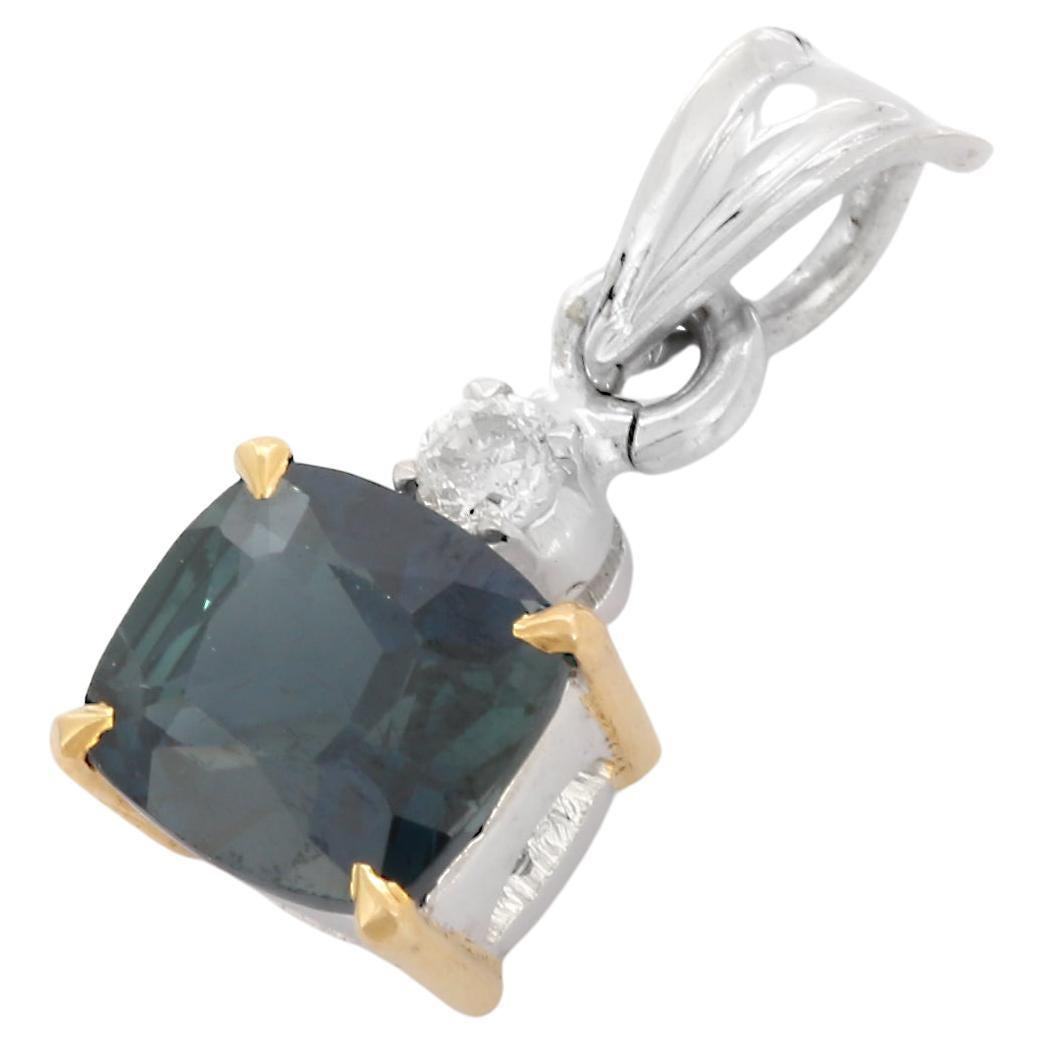 Cushion Cut Blue Sapphire Solitaire Pendant with Diamond in 18K White Gold For Sale