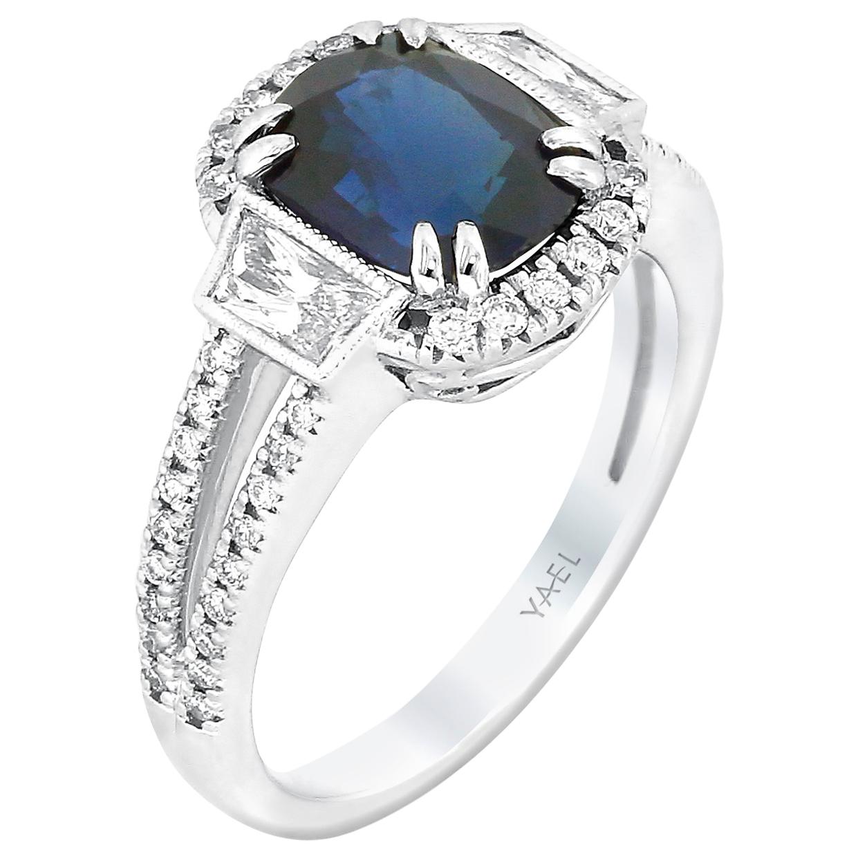 Cushion-Cut Blue Sapphire Diamond and White Gold Ring For Sale