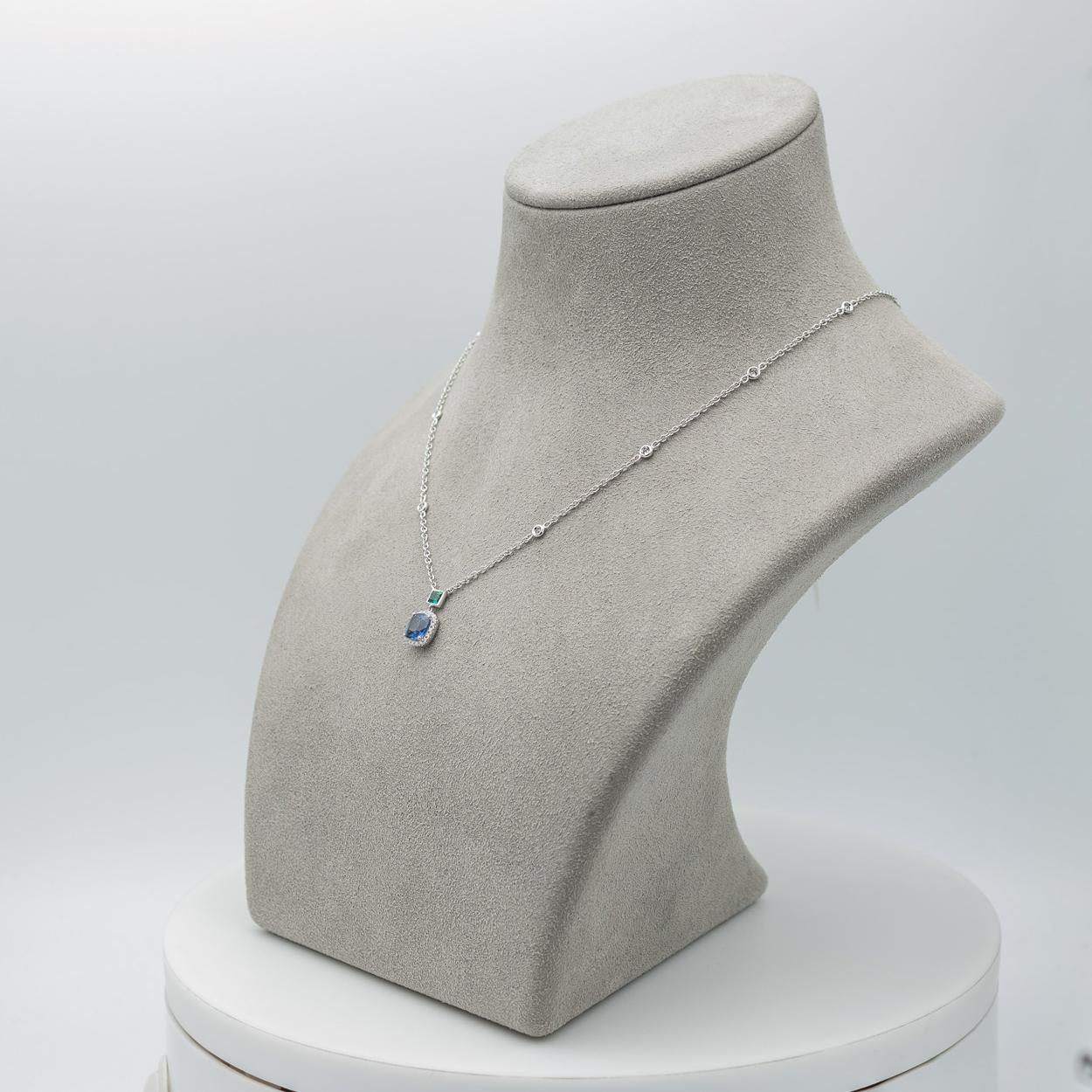 Contemporary Cushion Cut Blue Sapphire, Emerald, and Diamond Drop Pendant Necklace