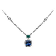 Cushion Cut Blue Sapphire, Emerald, and Diamond Drop Pendant Necklace