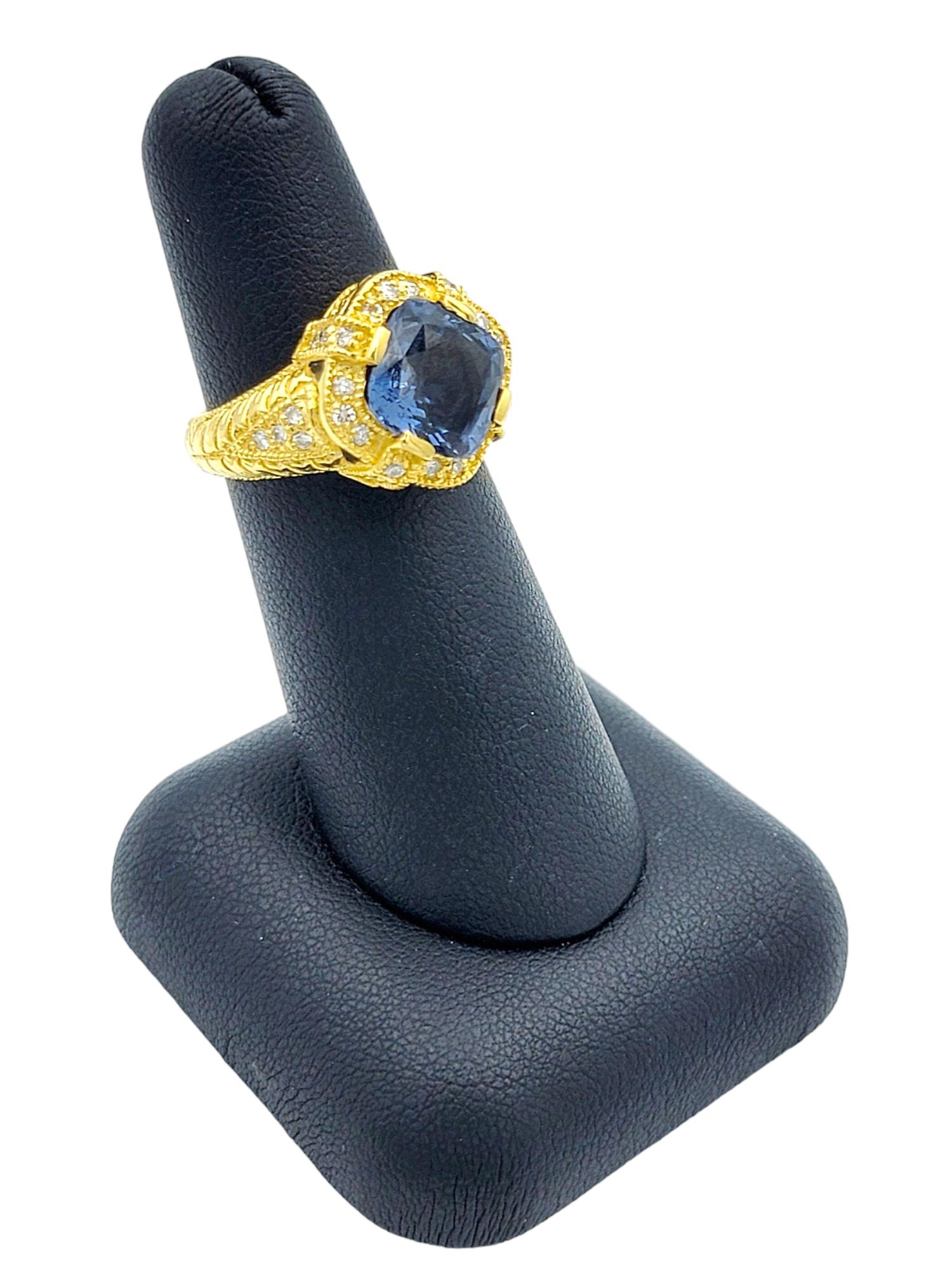 Cushion Cut Blue Spinel and Diamond Halo Cocktail Ring in 18 Karat Yellow Gold For Sale 5