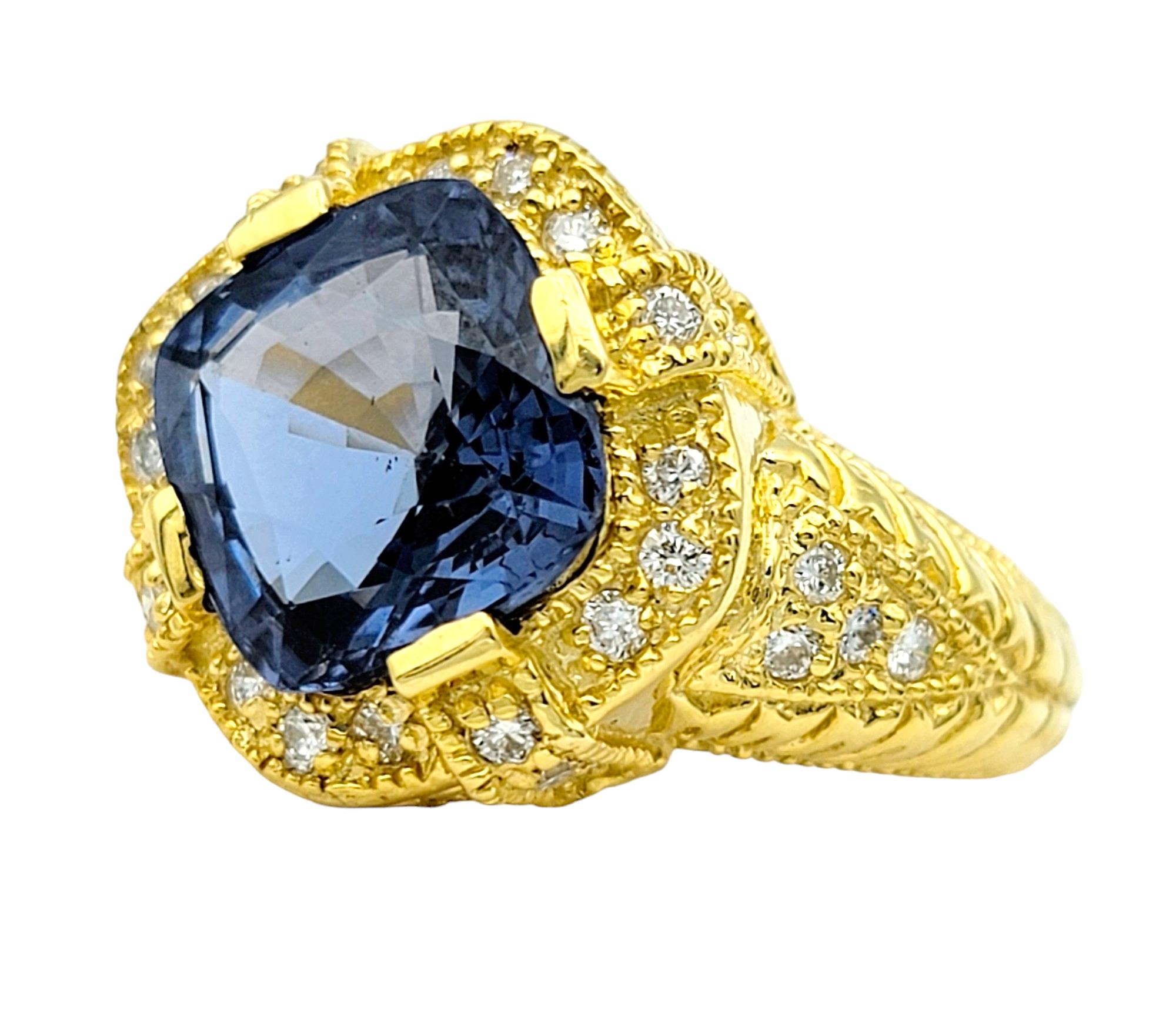 Contemporary Cushion Cut Blue Spinel and Diamond Halo Cocktail Ring in 18 Karat Yellow Gold For Sale