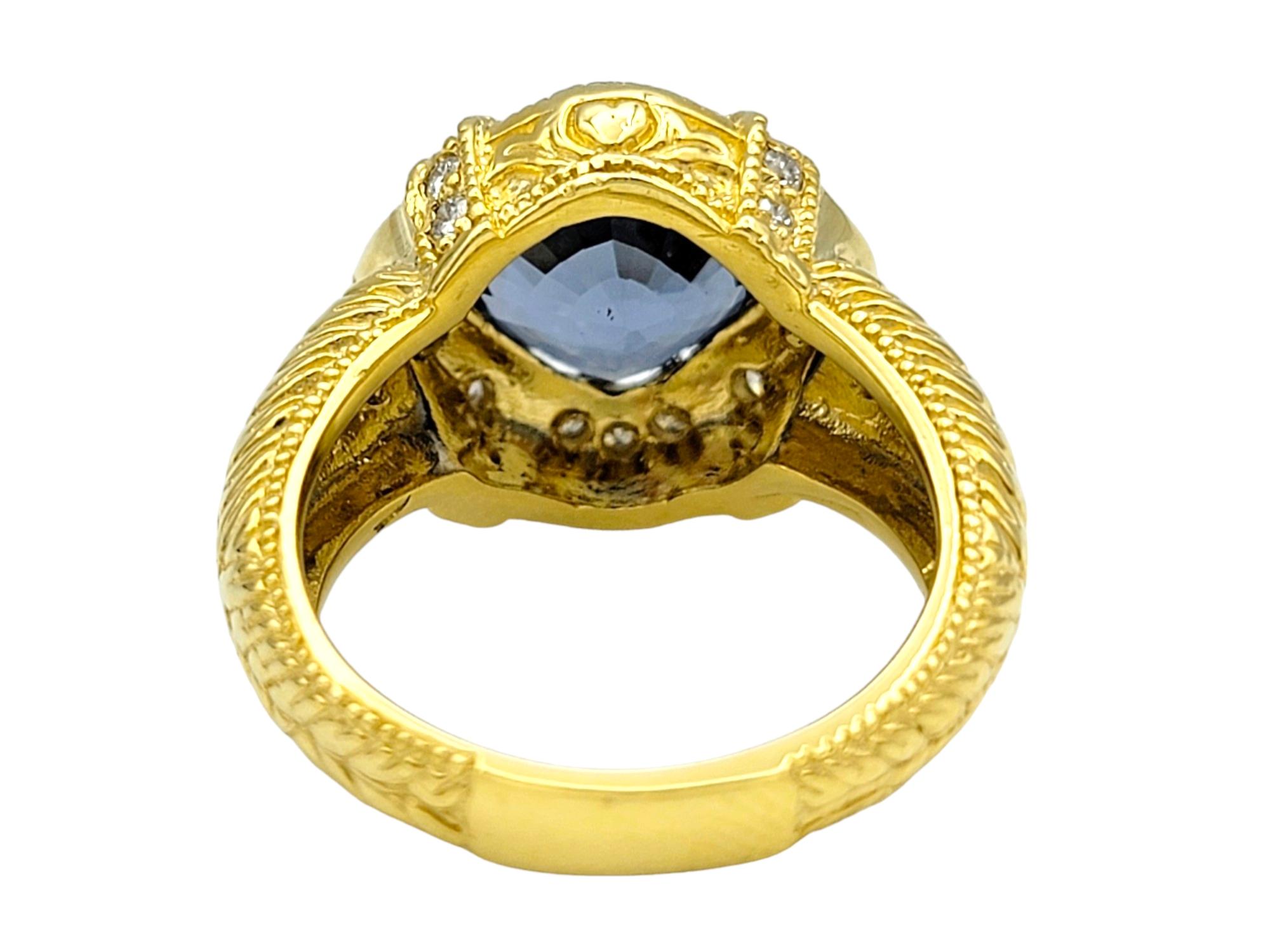 Women's Cushion Cut Blue Spinel and Diamond Halo Cocktail Ring in 18 Karat Yellow Gold For Sale