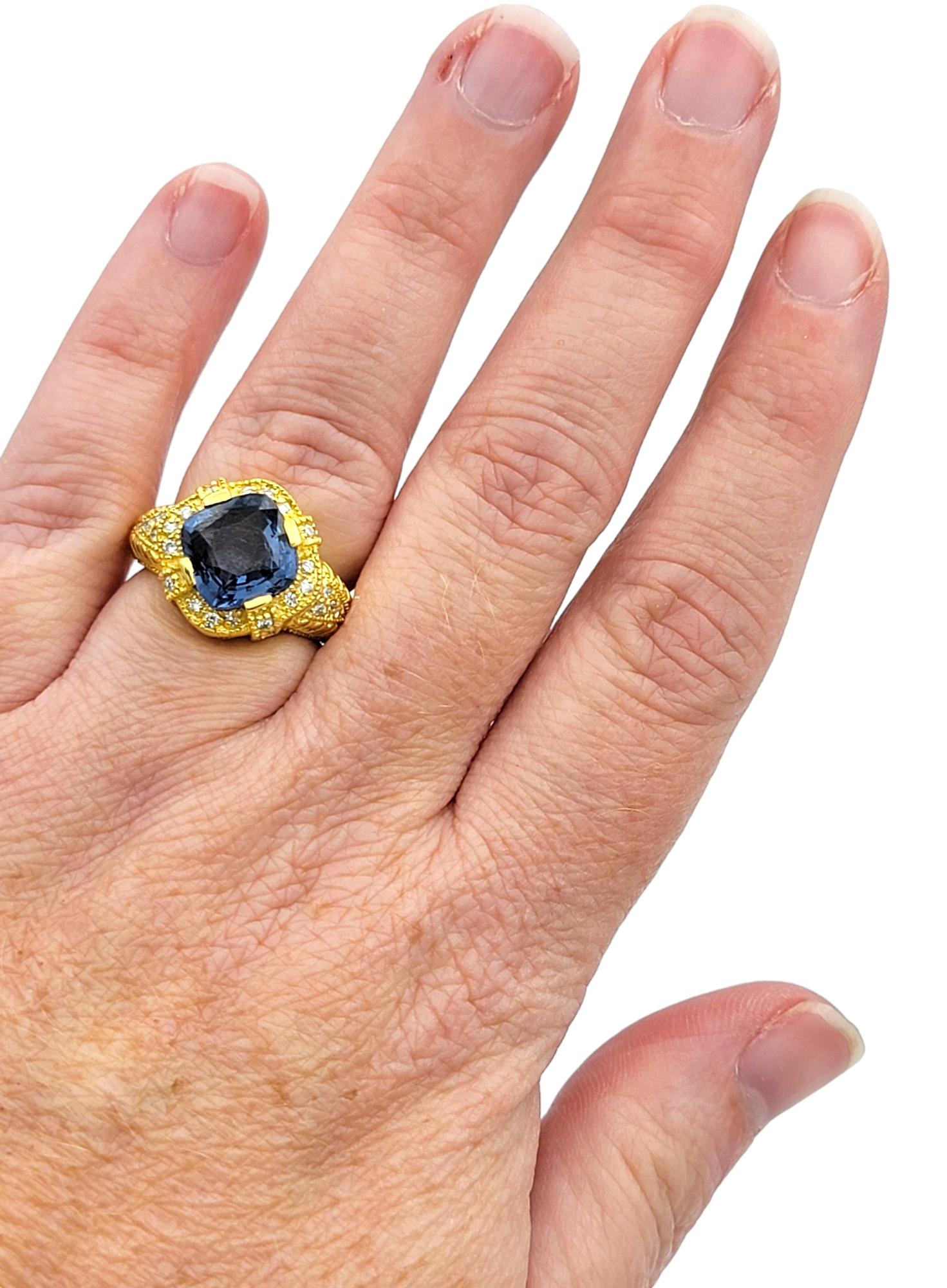 Cushion Cut Blue Spinel and Diamond Halo Cocktail Ring in 18 Karat Yellow Gold For Sale 2