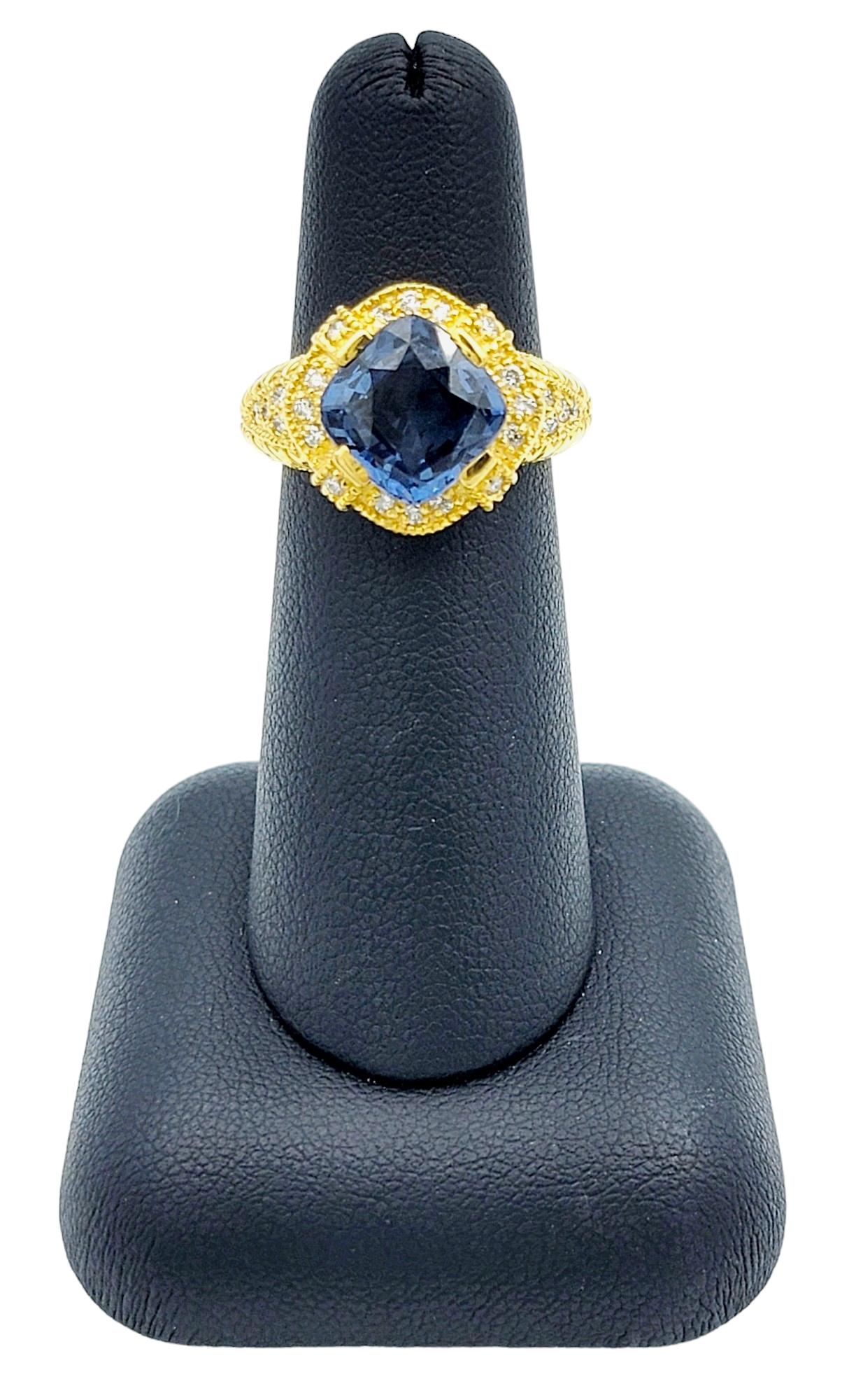 Cushion Cut Blue Spinel and Diamond Halo Cocktail Ring in 18 Karat Yellow Gold For Sale 4