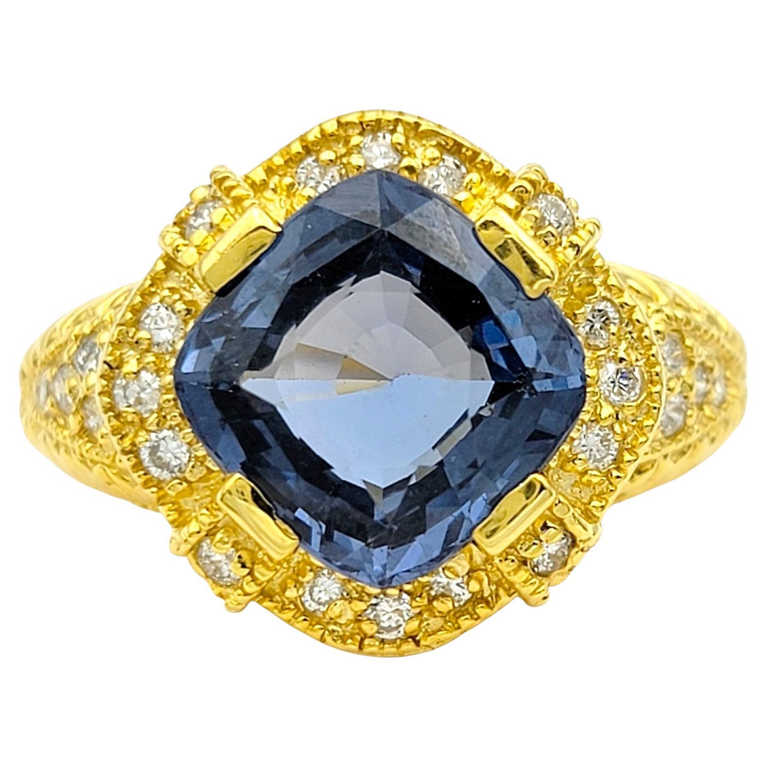 Cushion Cut Blue Spinel and Diamond Halo Cocktail Ring in 18 Karat Yellow Gold