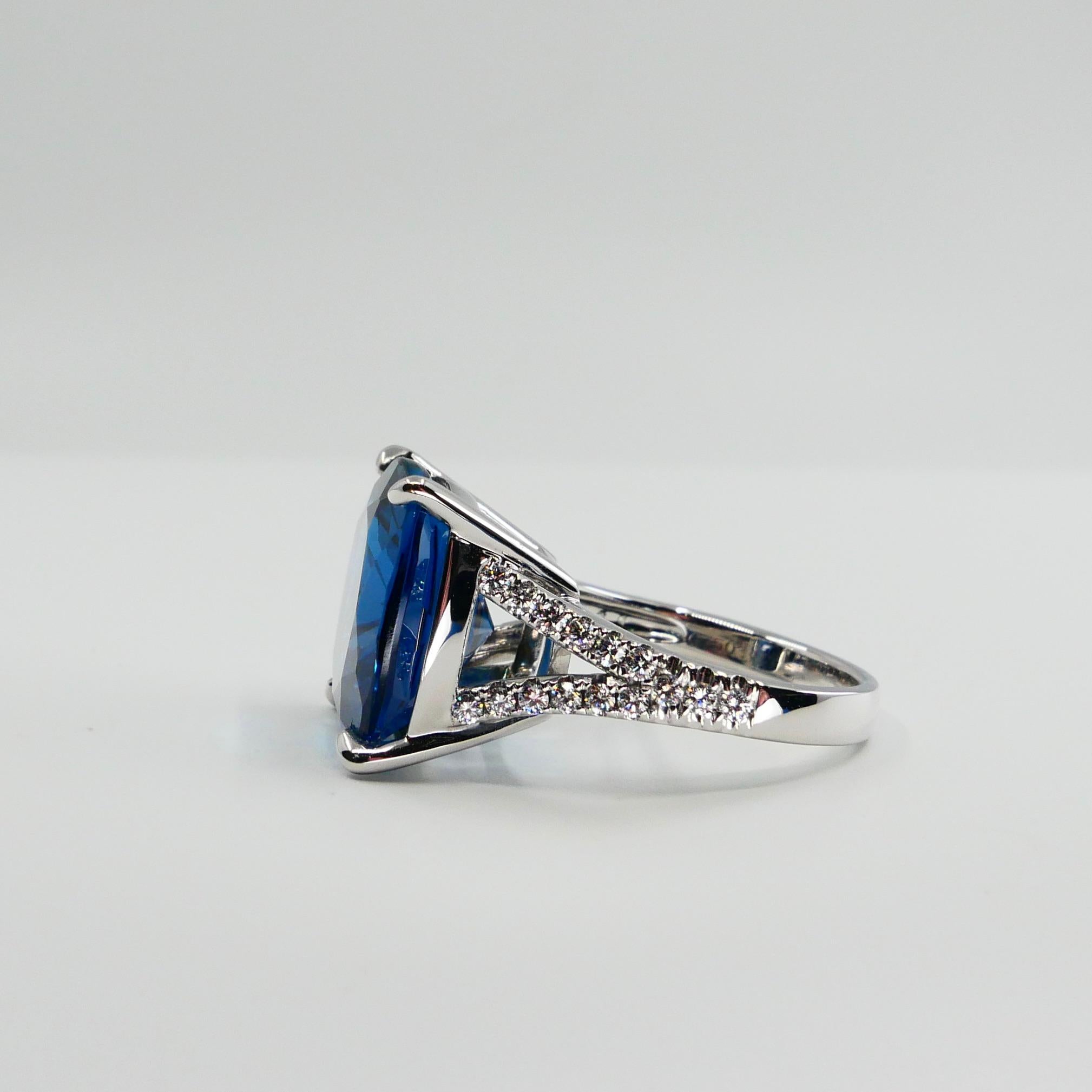 Cushion Cut Blue Topaz 15.80 Carat and Diamond Cocktail Ring, Big Statement 4