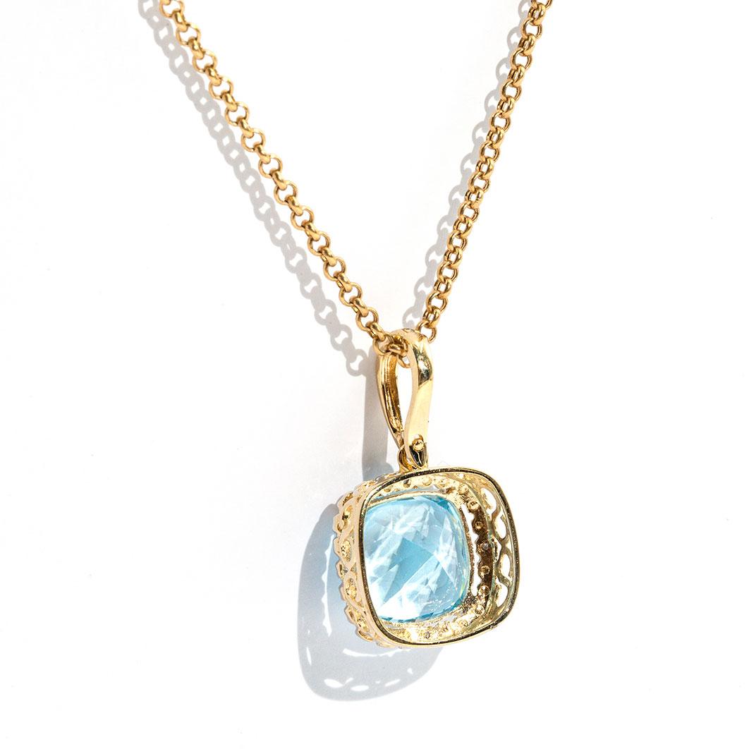 Women's Cushion Cut Blue Topaz and Diamond 9 Carat Yellow Gold Pendant and Gold Chain
