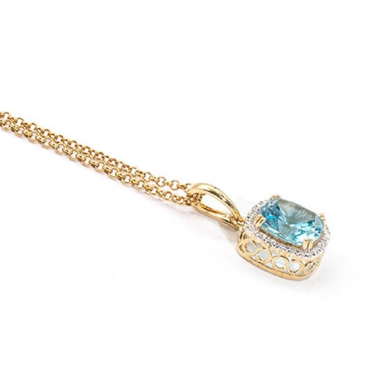 Cushion Cut Blue Topaz and Diamond 9 Carat Yellow Gold Pendant and Gold Chain 2