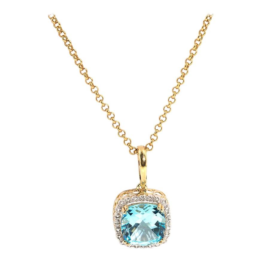 Cushion Cut Blue Topaz and Diamond 9 Carat Yellow Gold Pendant and Gold Chain