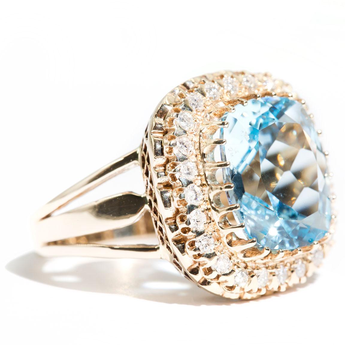 Contemporary Cushion Cut Blue Topaz and Diamond Vintage 9 Carat Yellow Gold Cocktail Ring