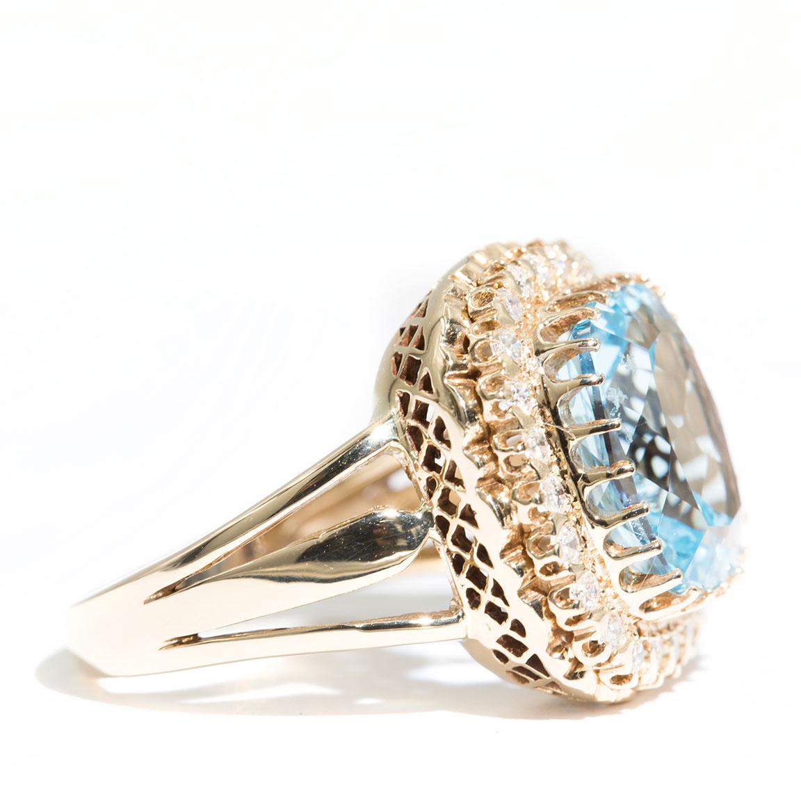 Women's Cushion Cut Blue Topaz and Diamond Vintage 9 Carat Yellow Gold Cocktail Ring