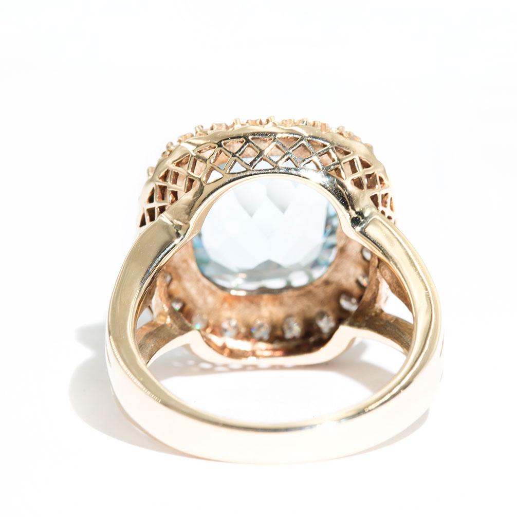 Cushion Cut Blue Topaz and Diamond Vintage 9 Carat Yellow Gold Cocktail Ring 1