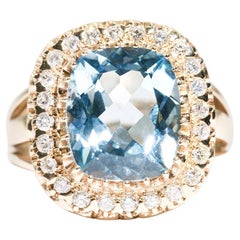Cushion Cut Blue Topaz and Diamond Vintage 9 Carat Yellow Gold Cocktail Ring