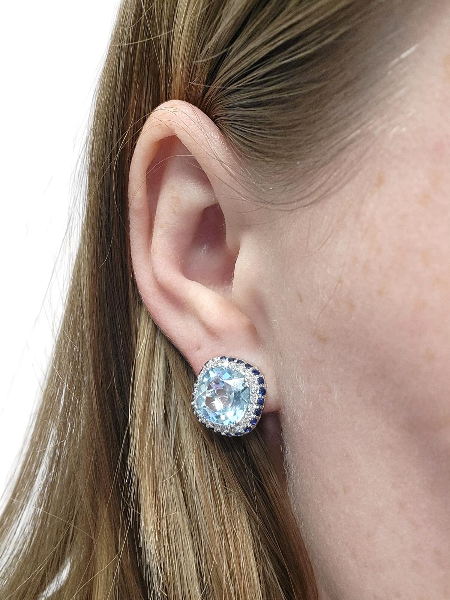 Cushion Cut Blue Topaz, Diamond, & Sapphire Stud Earrings in 14 Karat White Gold For Sale 6