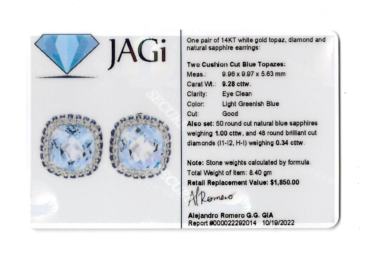 Cushion Cut Blue Topaz, Diamond, & Sapphire Stud Earrings in 14 Karat White Gold For Sale 8
