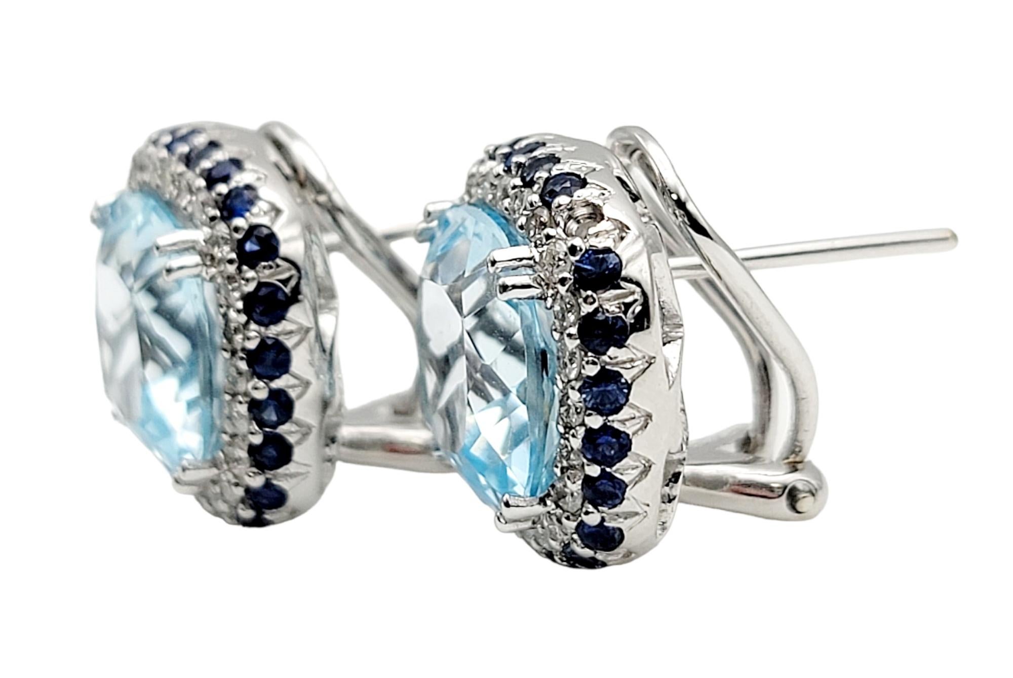 Cushion Cut Blue Topaz, Diamond, & Sapphire Stud Earrings in 14 Karat White Gold In Excellent Condition For Sale In Scottsdale, AZ