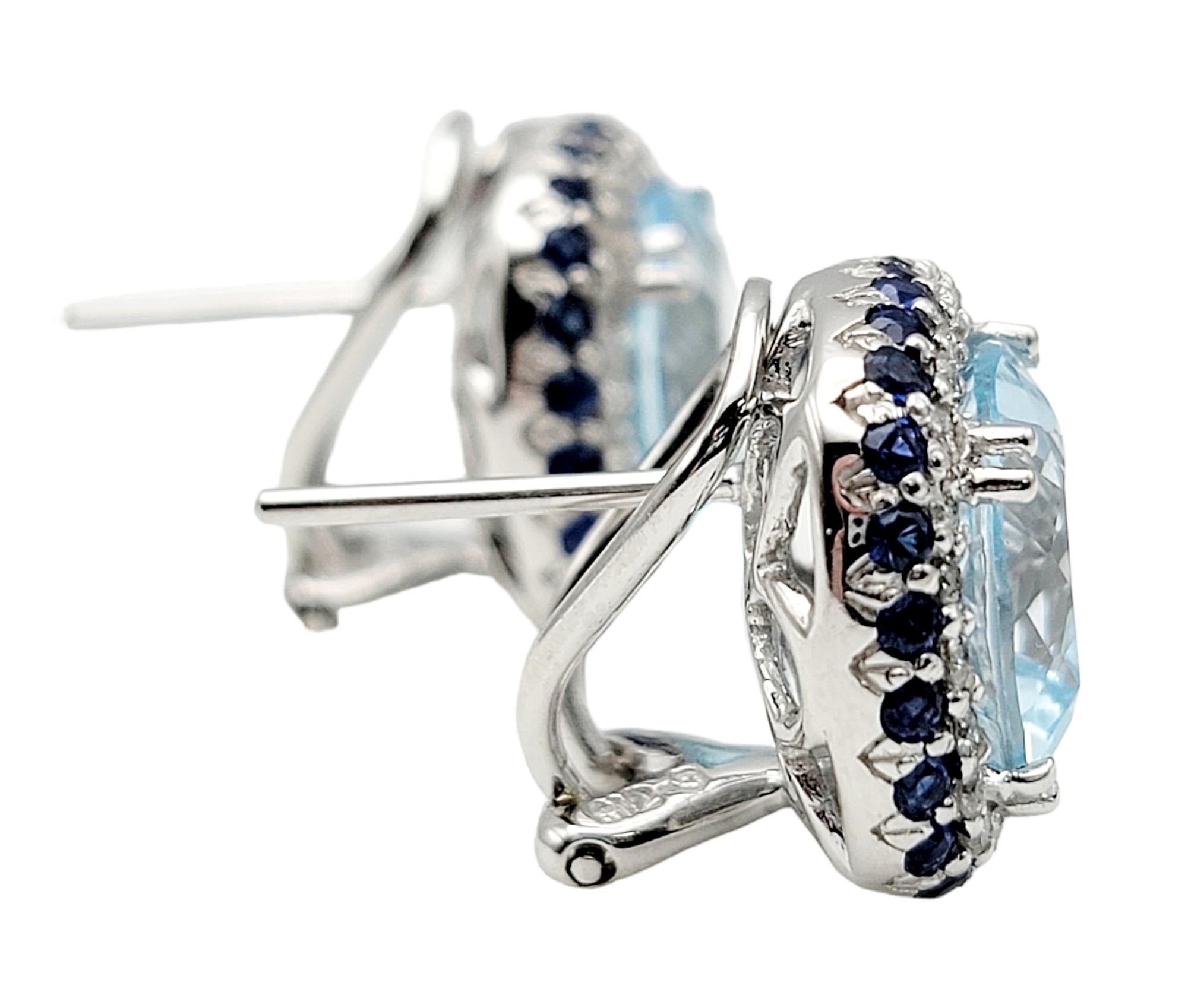 Women's Cushion Cut Blue Topaz, Diamond, & Sapphire Stud Earrings in 14 Karat White Gold For Sale