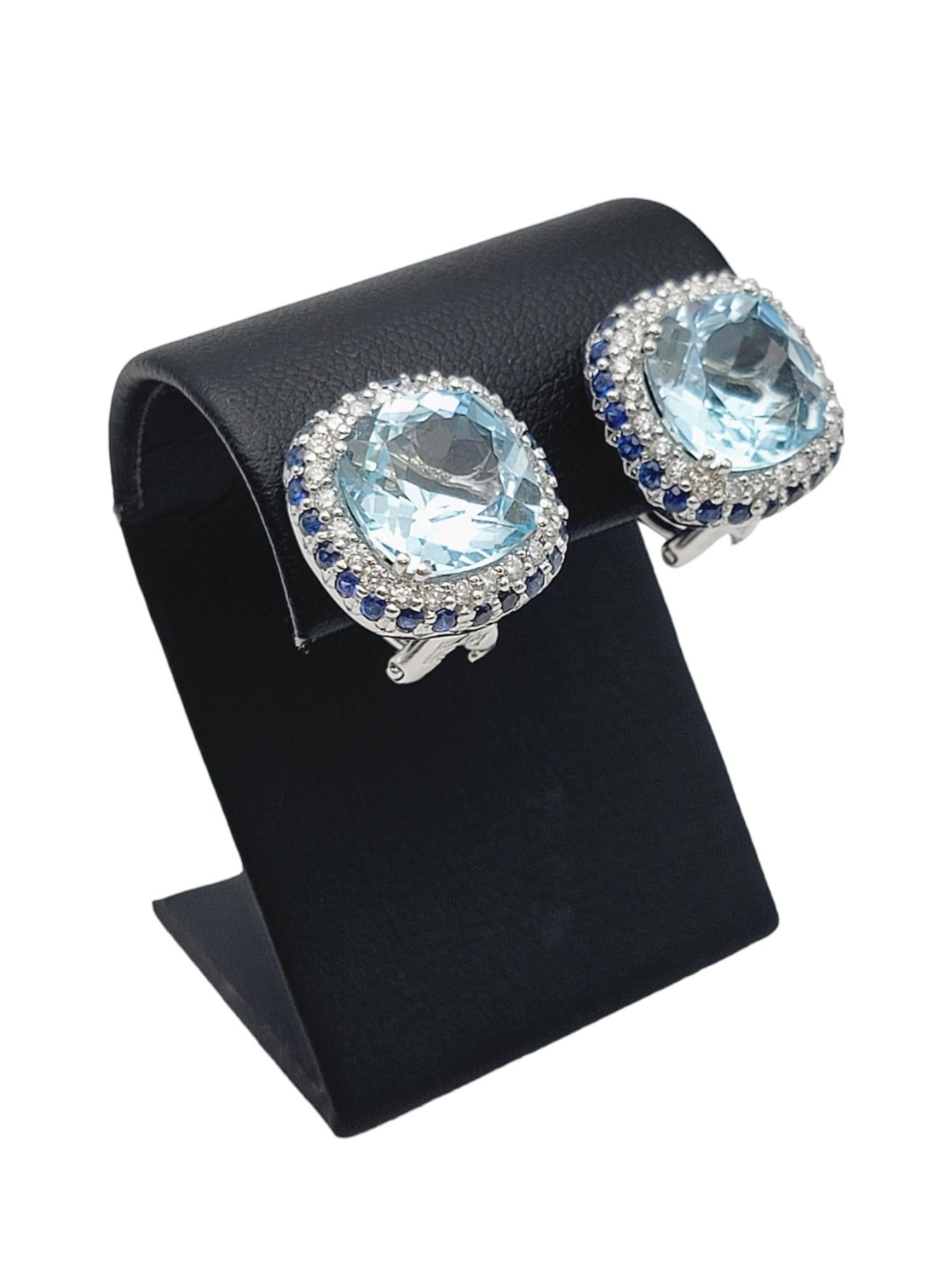 Cushion Cut Blue Topaz, Diamond, & Sapphire Stud Earrings in 14 Karat White Gold For Sale 3