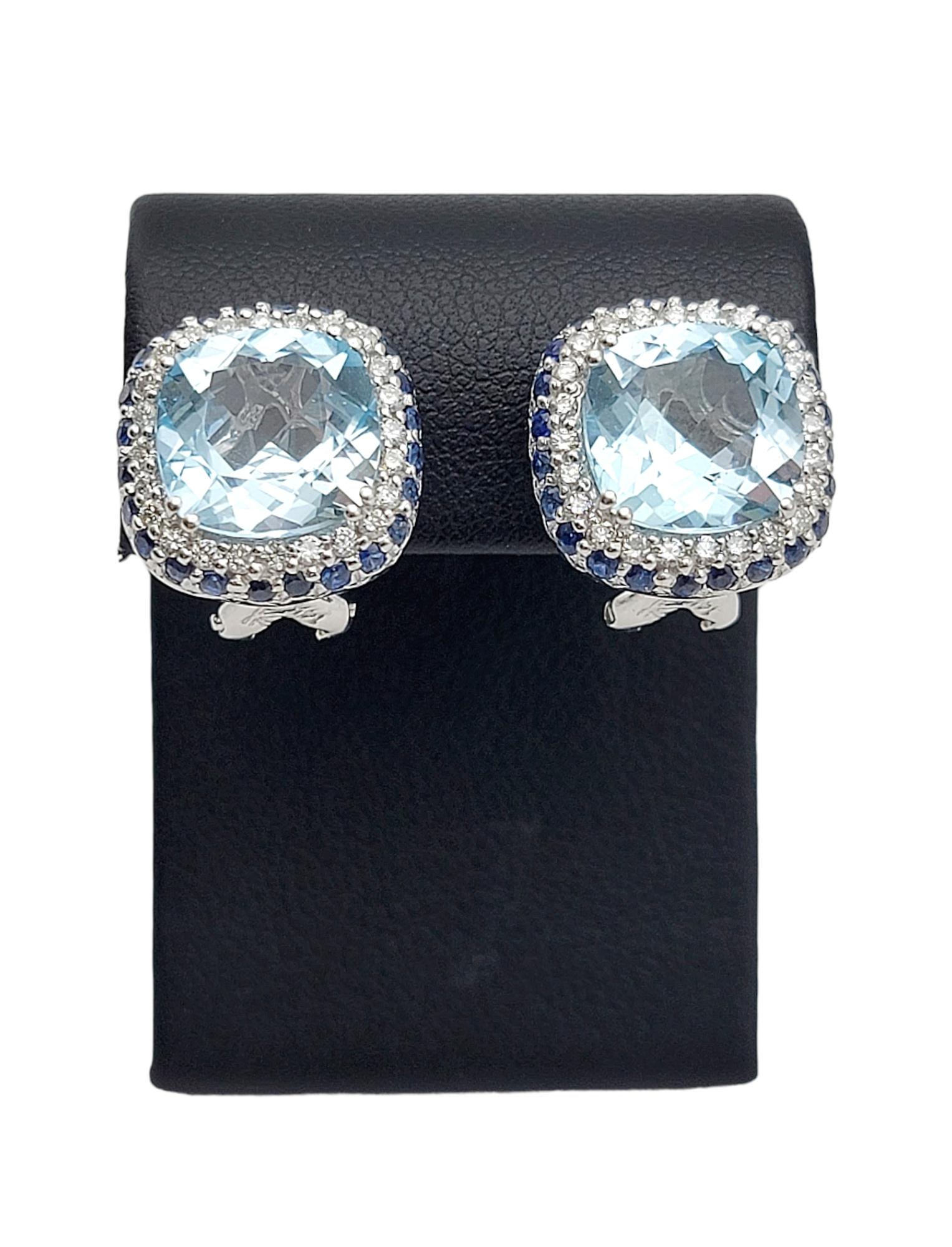 Cushion Cut Blue Topaz, Diamond, & Sapphire Stud Earrings in 14 Karat White Gold For Sale 4