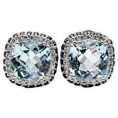 Cushion Cut Blue Topaz, Diamond, & Sapphire Stud Earrings in 14 Karat White Gold