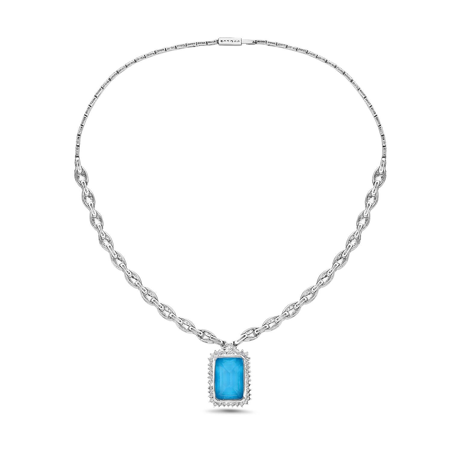 Contemporary Octogen Cut Blue Topaz Necklace Linked with Pave Diamonds Made in 18k White Gold For Sale
