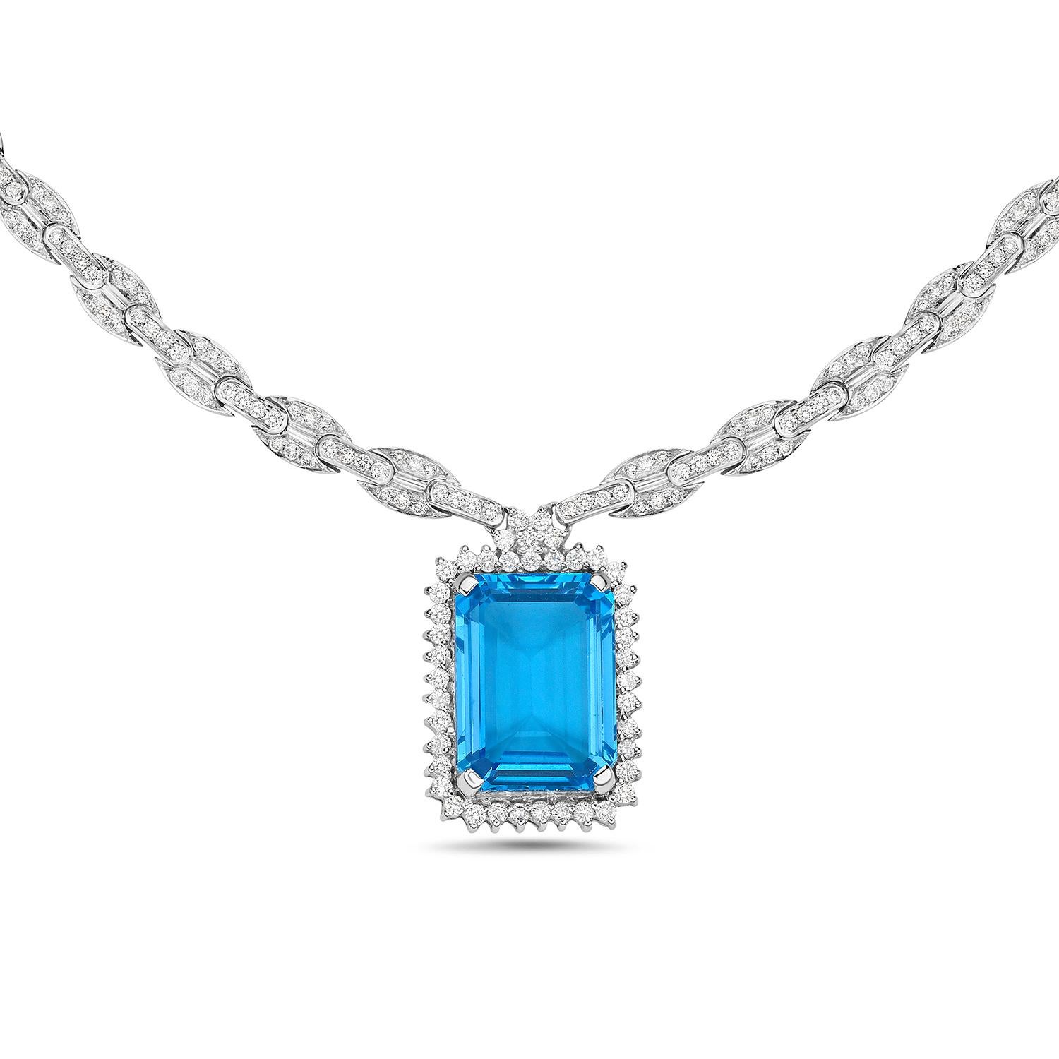 Mixed Cut Octogen Cut Blue Topaz Necklace Linked with Pave Diamonds Made in 18k White Gold For Sale