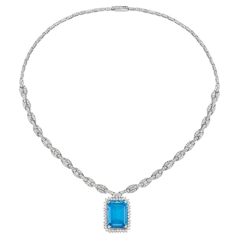 Octogen Cut Blue Topaz Necklace Linked with Pave Diamonds Made in 18k