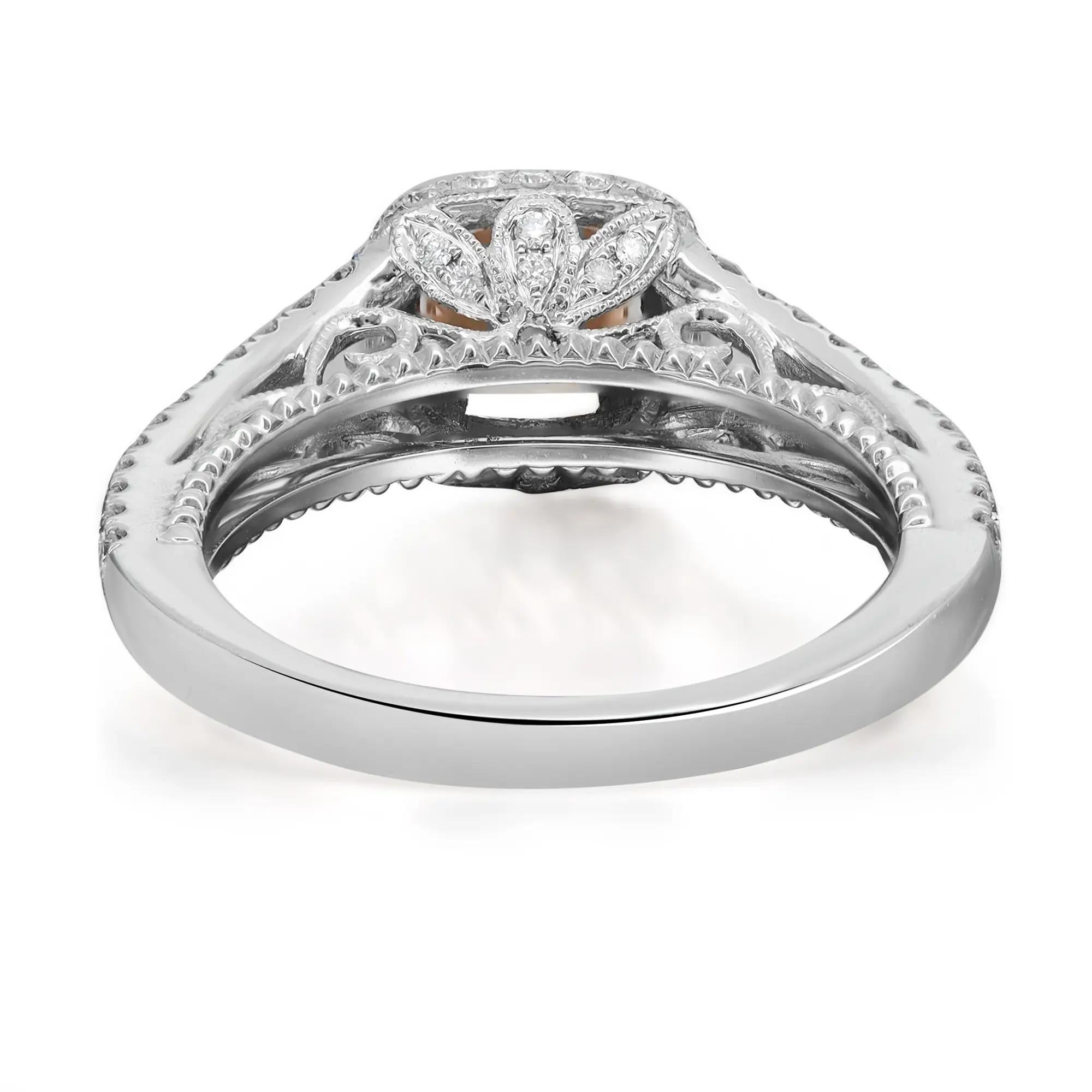 Modern Cushion Cut Brown & White Diamond Engagement Ring 18K White Gold Size 6.5 For Sale