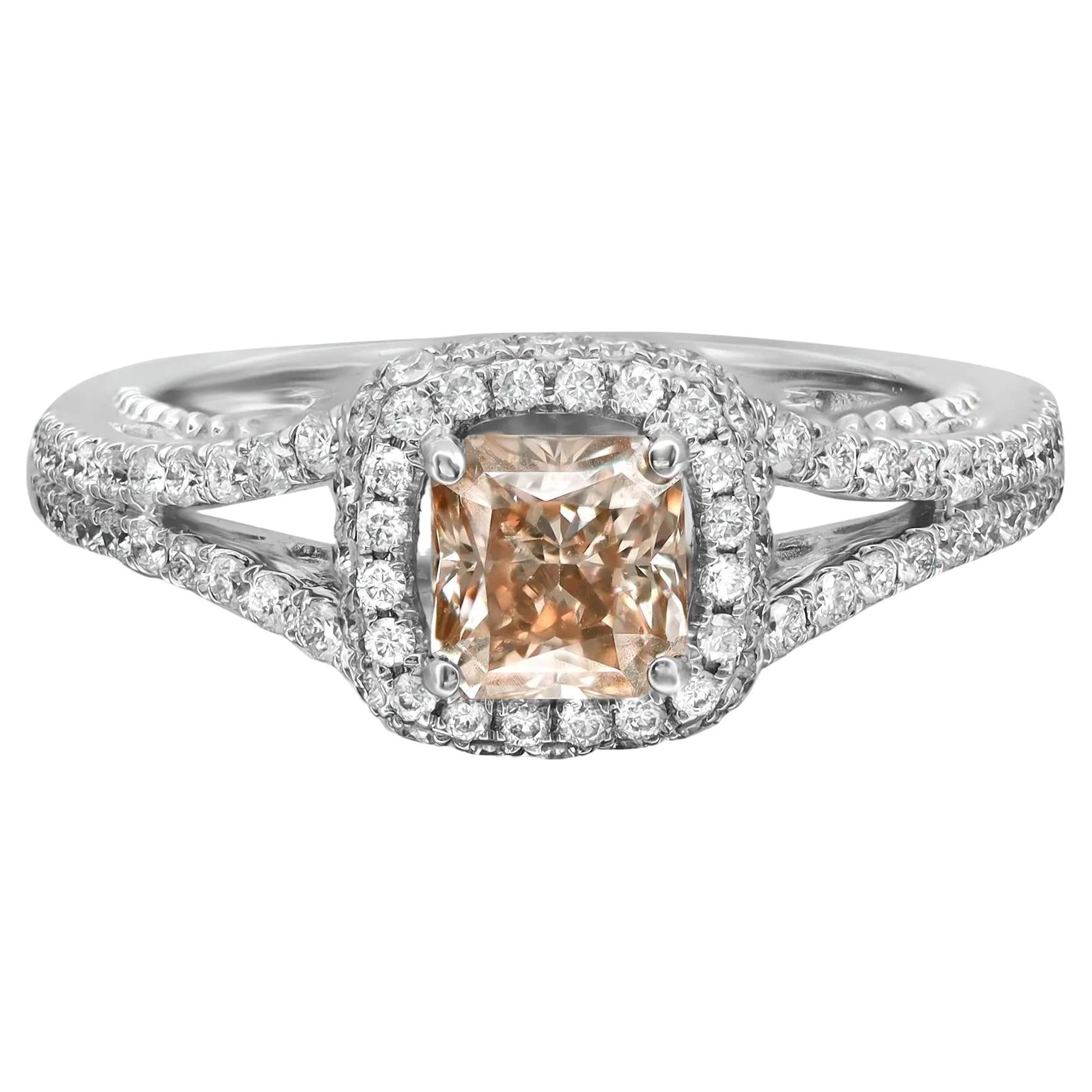 Cushion Cut Brown & White Diamond Engagement Ring 18K White Gold Size 6.5 For Sale