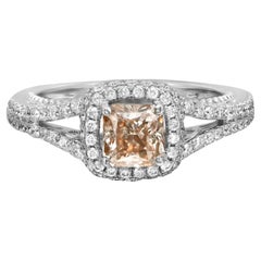 Cushion Cut Brown & White Diamond Engagement Ring 18K White Gold Size 6.5