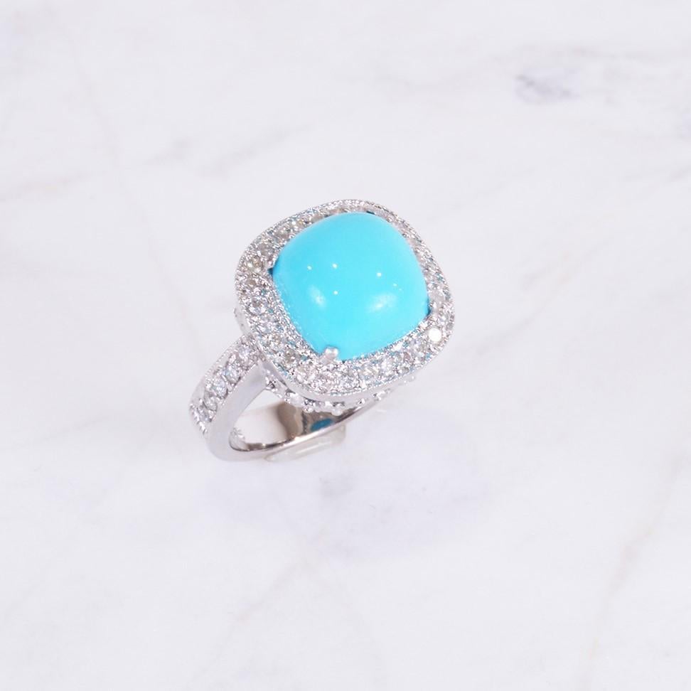 Cushion Cut Cabochon Turquoise and Diamond Ring in White Gold In New Condition For Sale In Phoenix, AZ