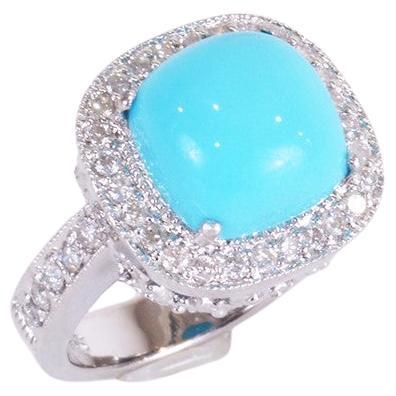Cushion Cut Cabochon Turquoise and Diamond Ring in White Gold For Sale
