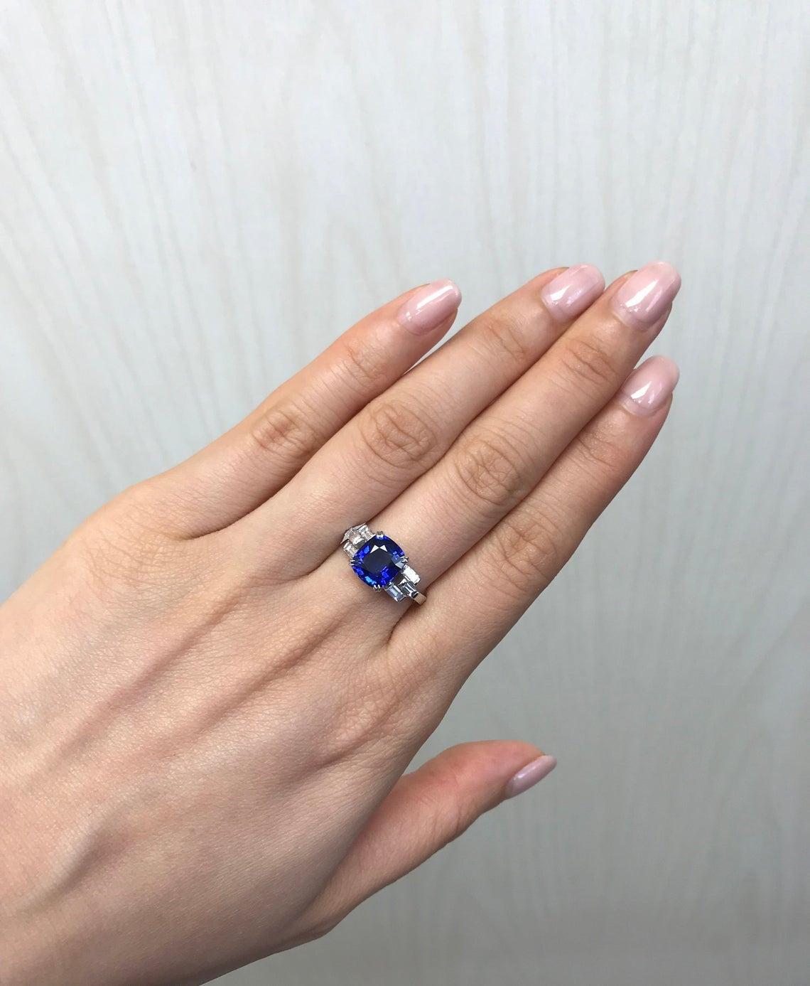 For Sale:  Cushion Cut Ceylon Blue Sapphire and Bagguatte Diamond Engagement Ring 2