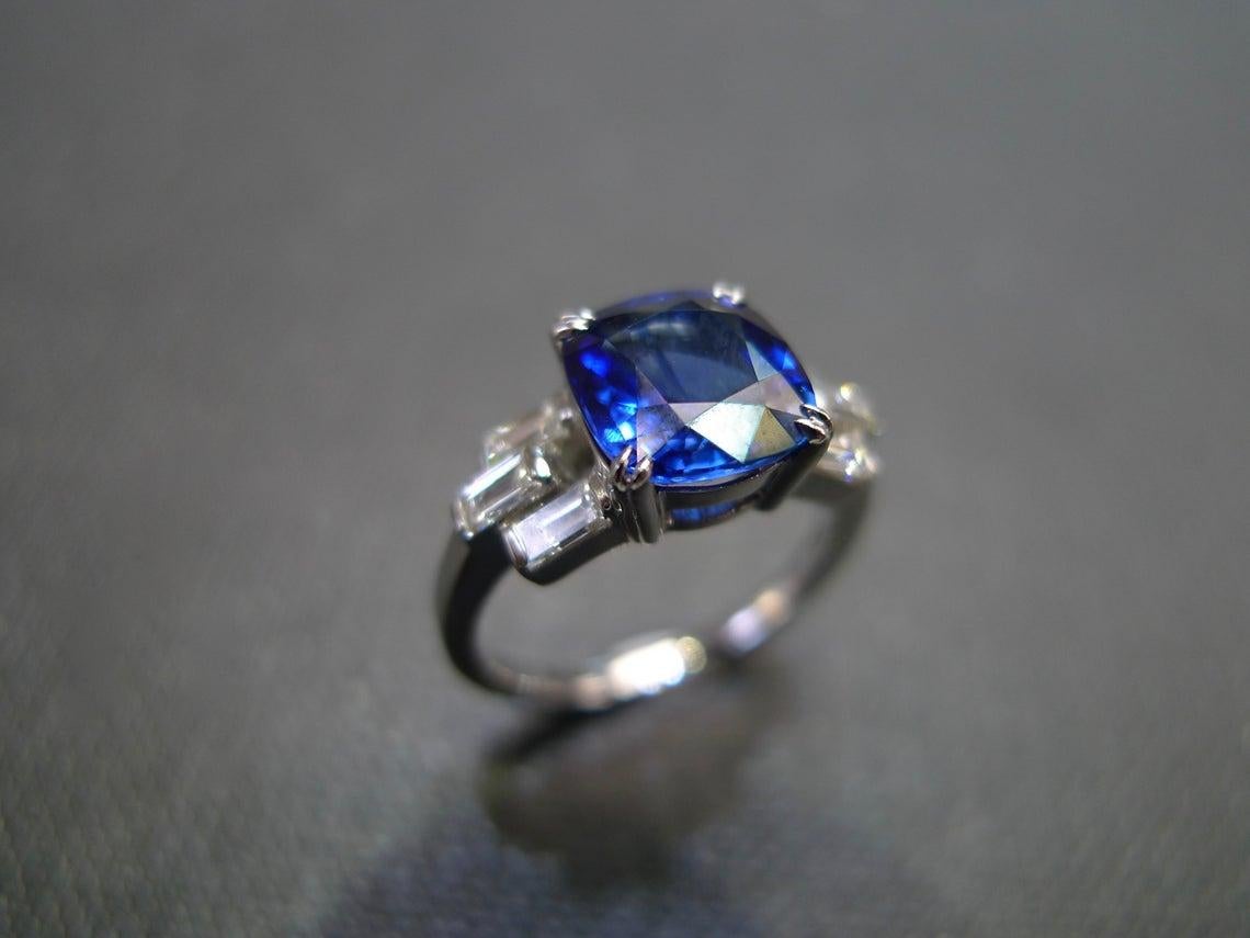 For Sale:  Cushion Cut Ceylon Blue Sapphire and Bagguatte Diamond Engagement Ring 3