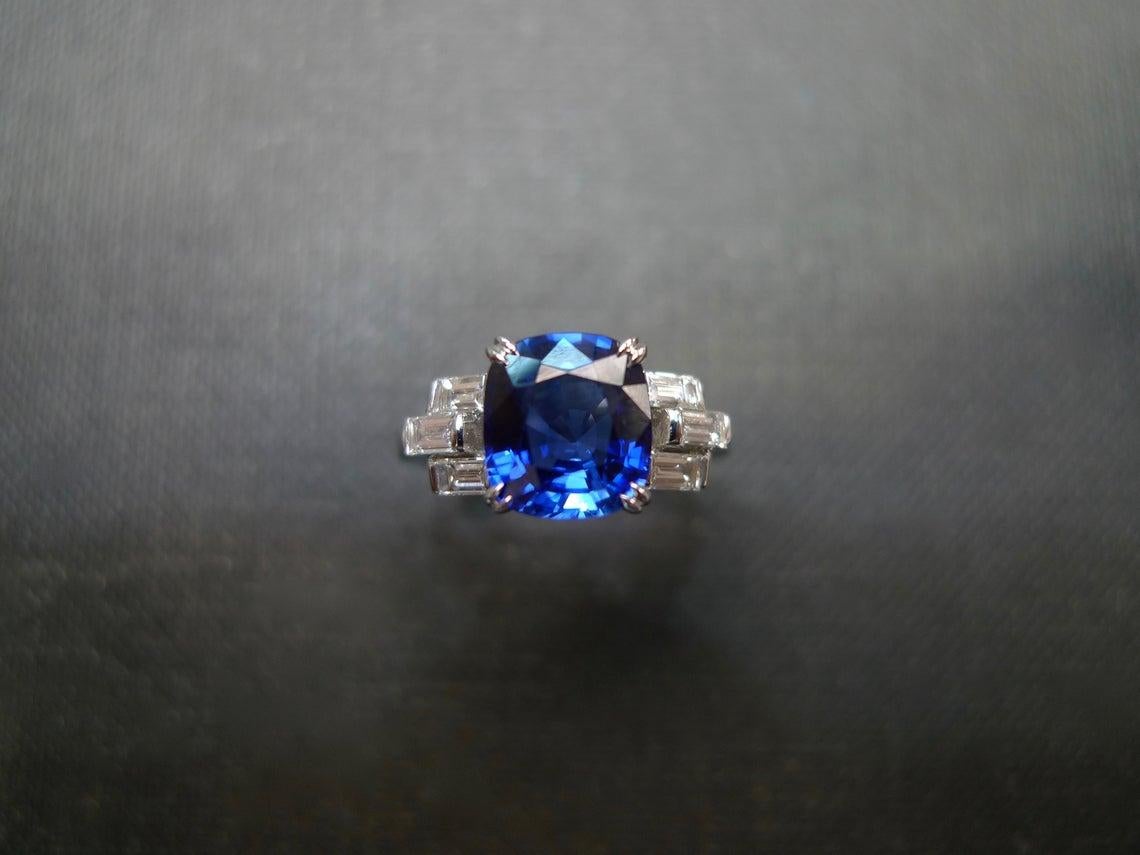 For Sale:  Cushion Cut Ceylon Blue Sapphire and Bagguatte Diamond Engagement Ring 4